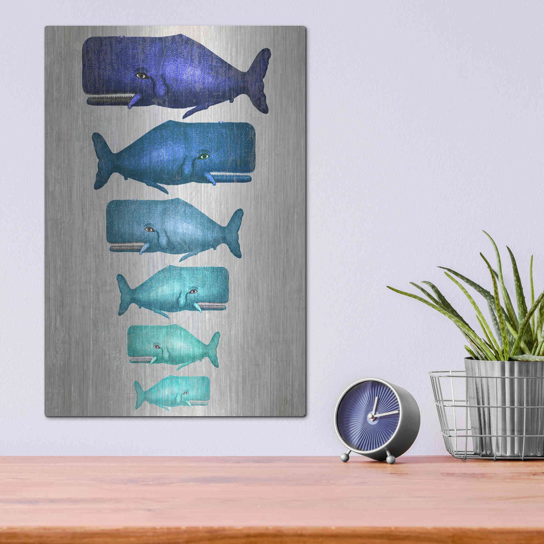 Luxe Metal Art 'Whale Family Blue On White' by Fab Funky Metal Wall Art,12x16
