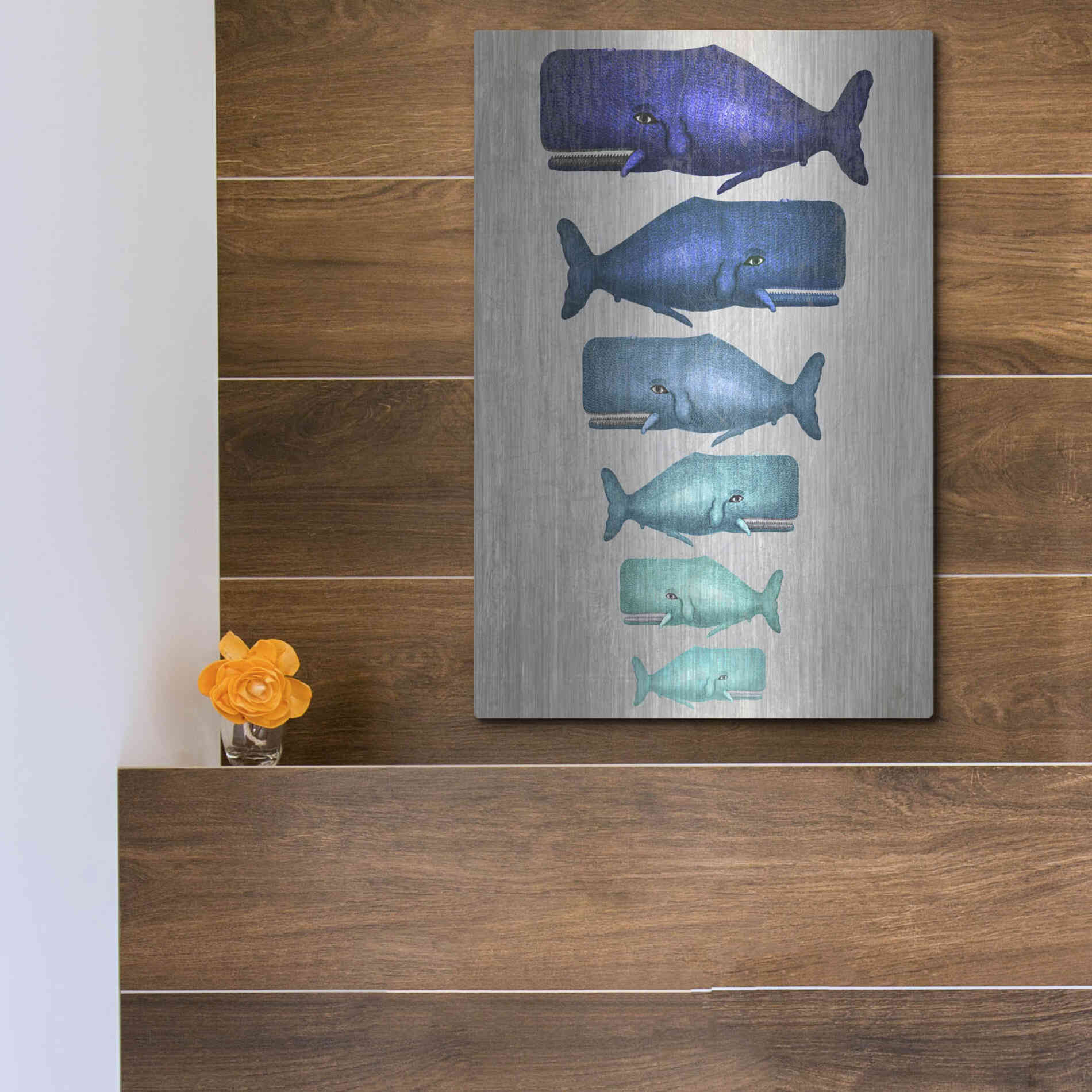 Luxe Metal Art 'Whale Family Blue On White' by Fab Funky Metal Wall Art,12x16