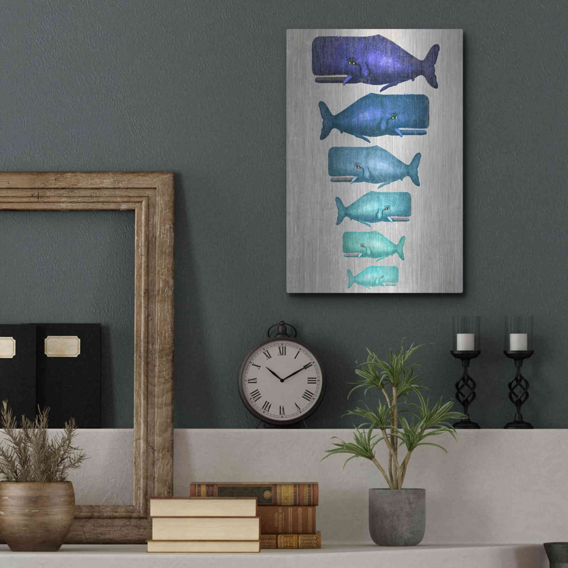 Luxe Metal Art 'Whale Family Blue On White' by Fab Funky Metal Wall Art,12x16