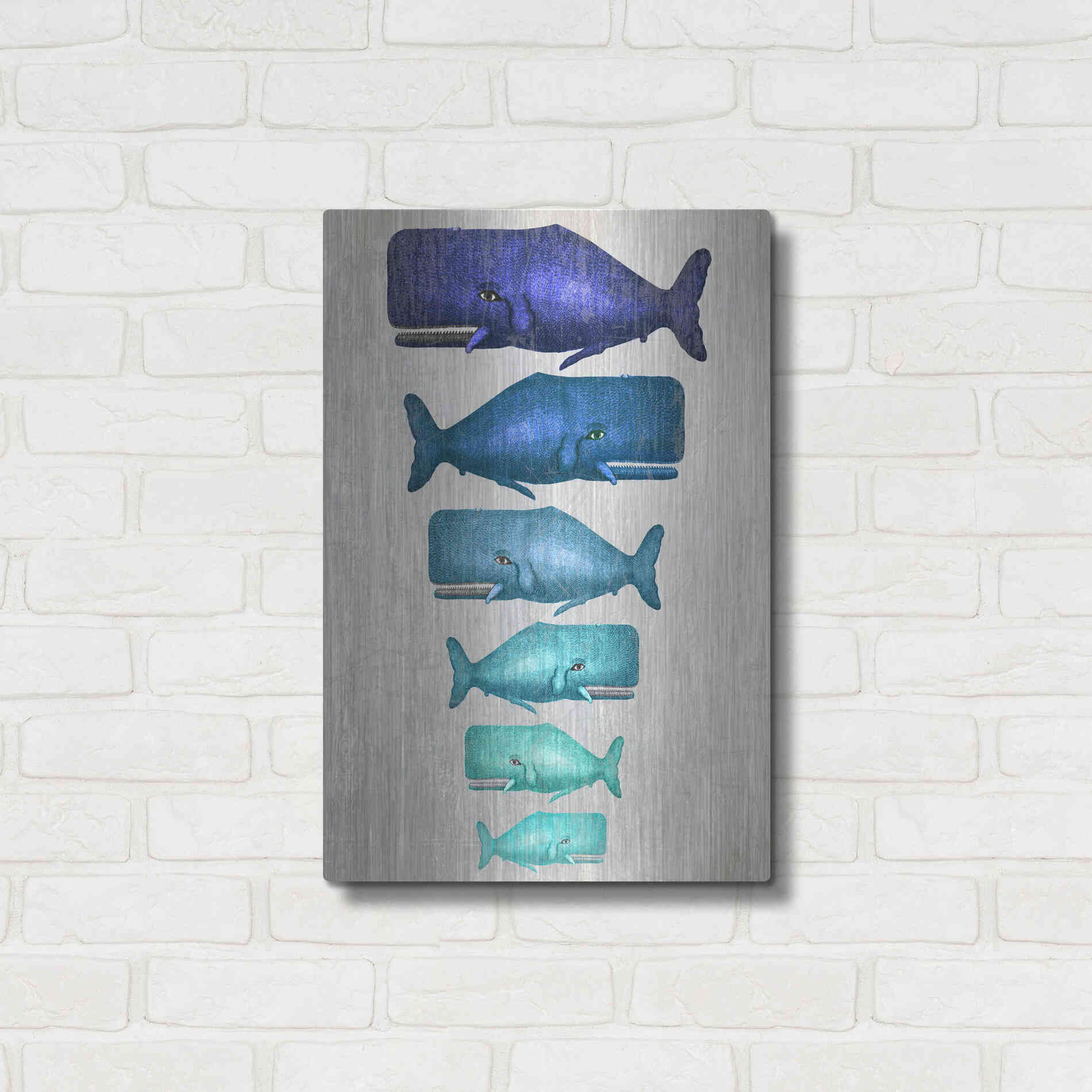 Luxe Metal Art 'Whale Family Blue On White' by Fab Funky Metal Wall Art,16x24