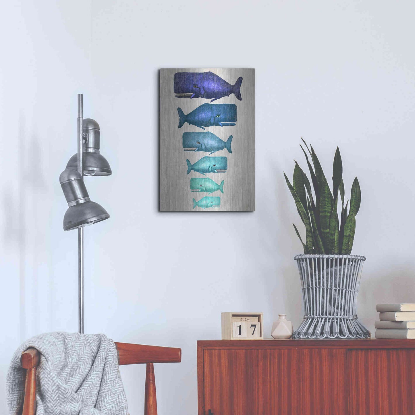 Luxe Metal Art 'Whale Family Blue On White' by Fab Funky Metal Wall Art,16x24