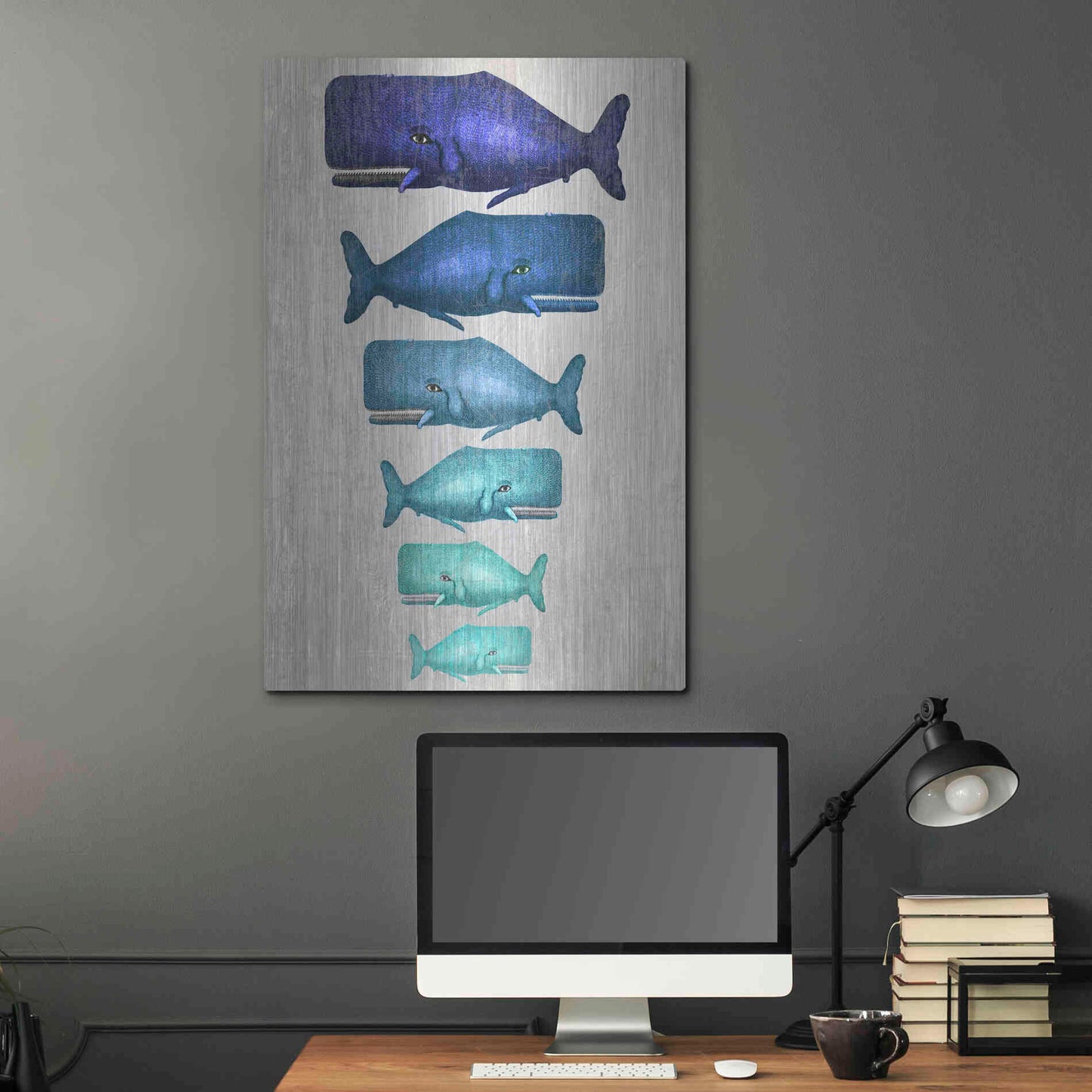 Luxe Metal Art 'Whale Family Blue On White' by Fab Funky Metal Wall Art,24x36