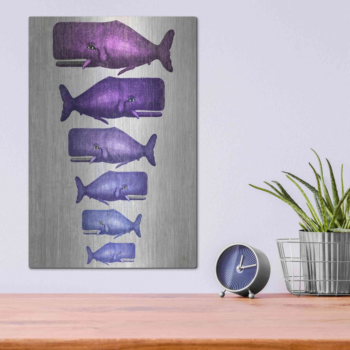 Luxe Metal Art 'Whale Family Purple on White' by Fab Funky Metal Wall Art,12x16