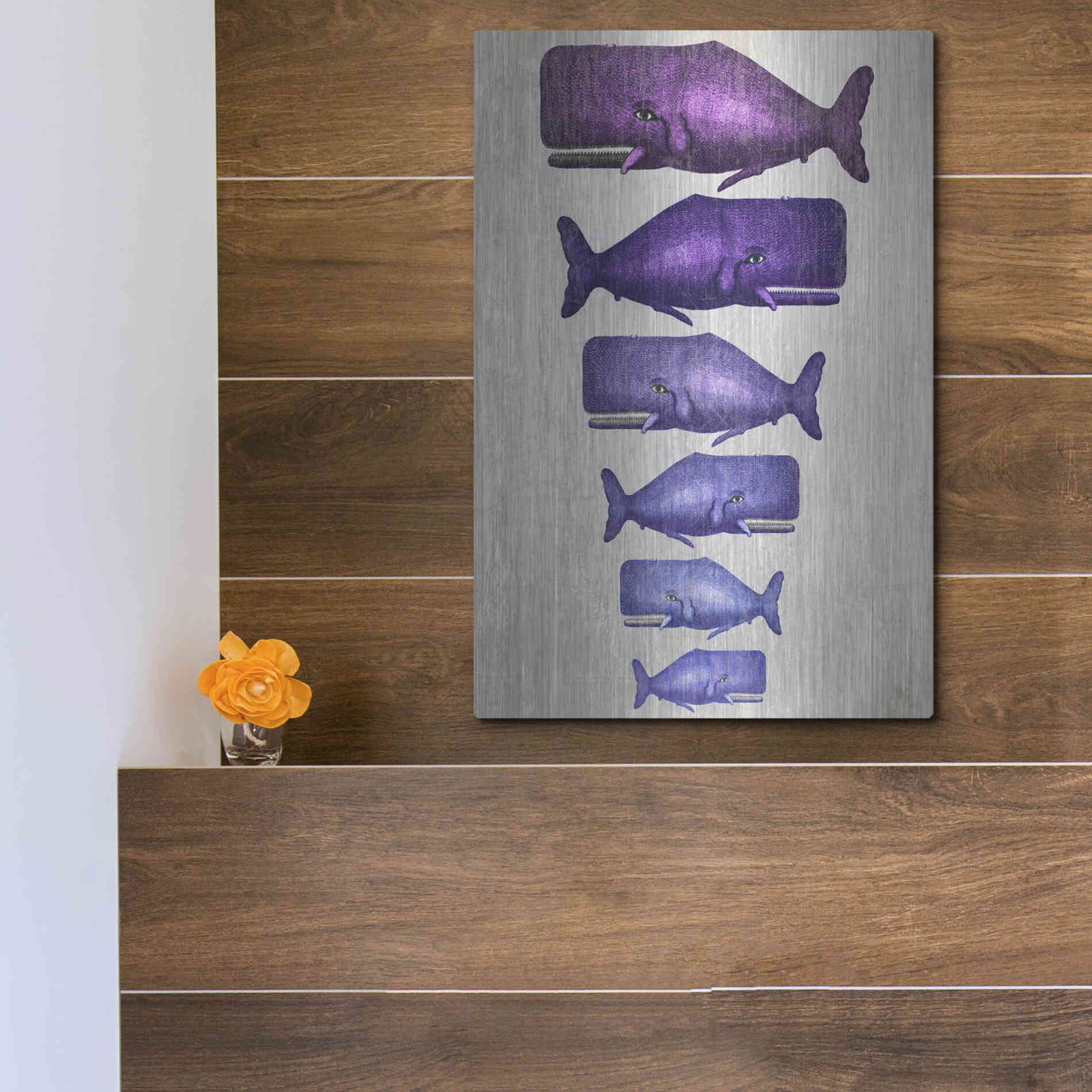 Luxe Metal Art 'Whale Family Purple on White' by Fab Funky Metal Wall Art,12x16