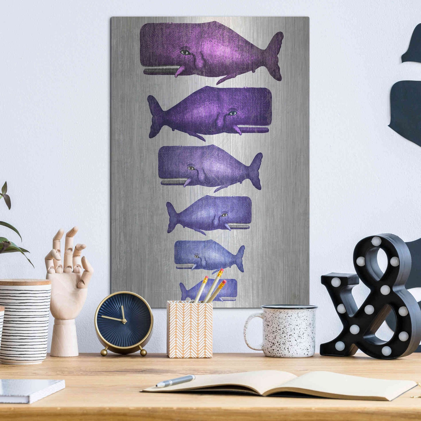 Luxe Metal Art 'Whale Family Purple on White' by Fab Funky Metal Wall Art,12x16