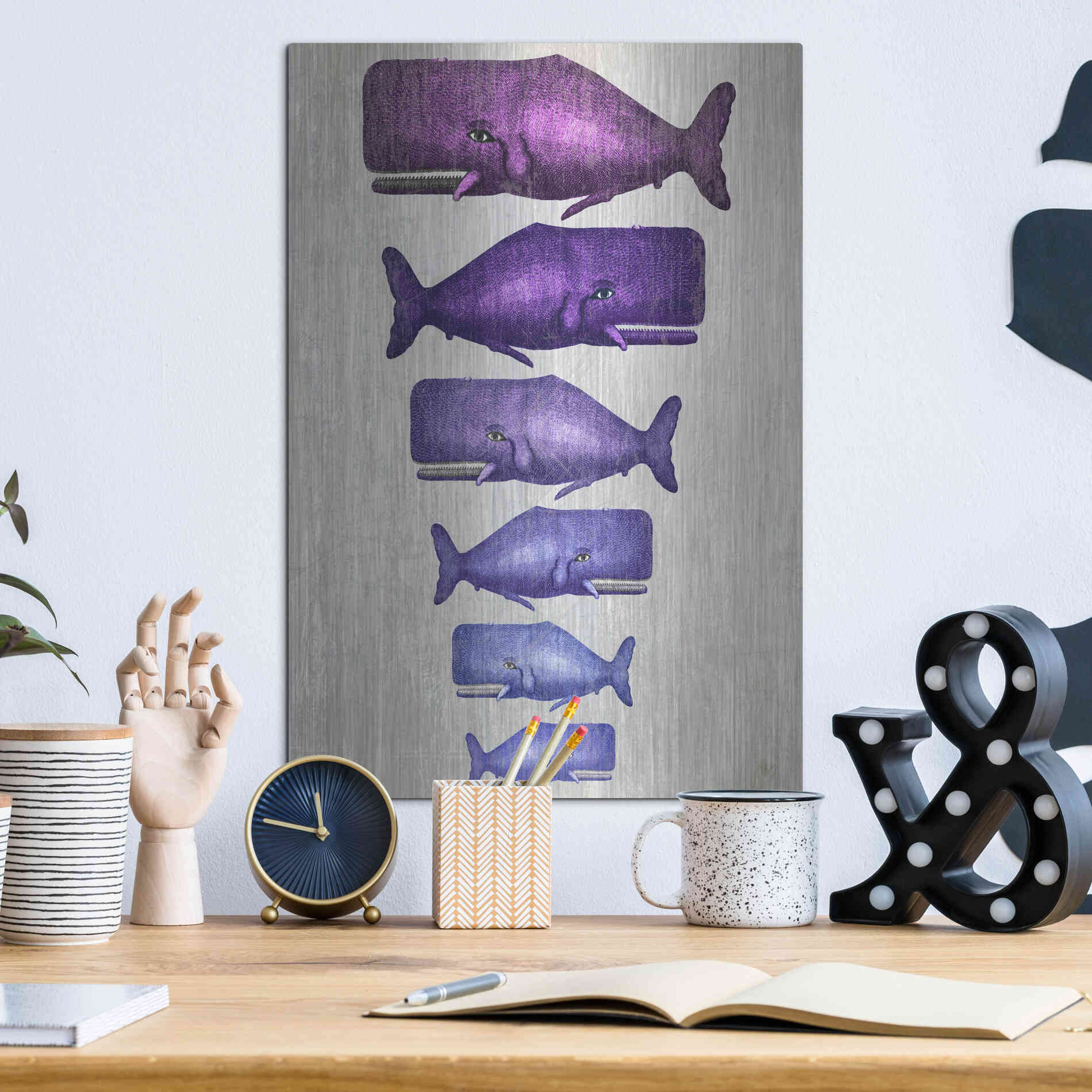 Luxe Metal Art 'Whale Family Purple on White' by Fab Funky Metal Wall Art,12x16