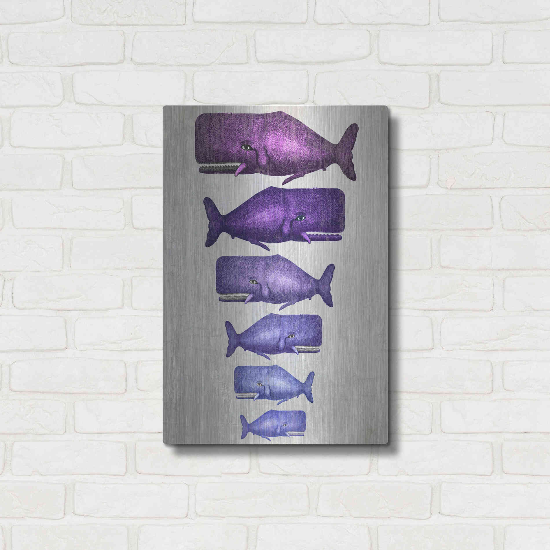 Luxe Metal Art 'Whale Family Purple on White' by Fab Funky Metal Wall Art,16x24