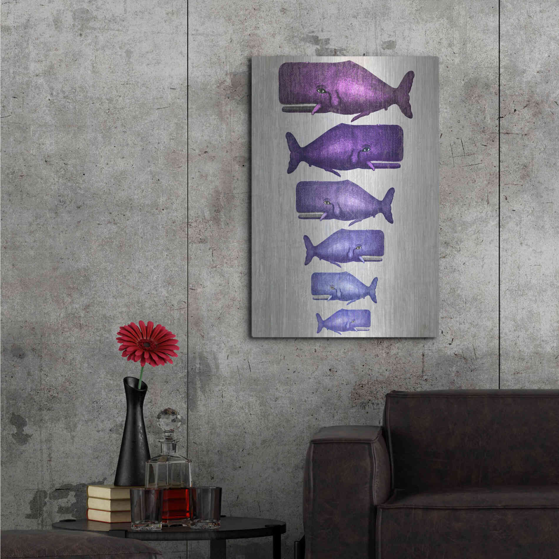 Luxe Metal Art 'Whale Family Purple on White' by Fab Funky Metal Wall Art,24x36