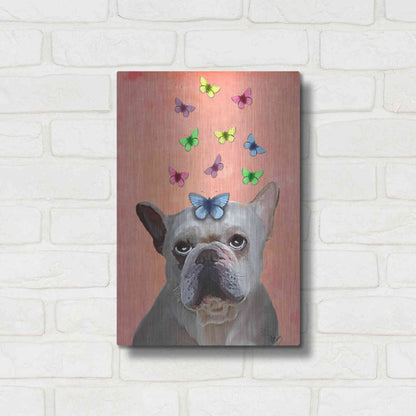 Luxe Metal Art 'White French Bulldog and Butterflies' by Fab Funky Metal Wall Art,12x16