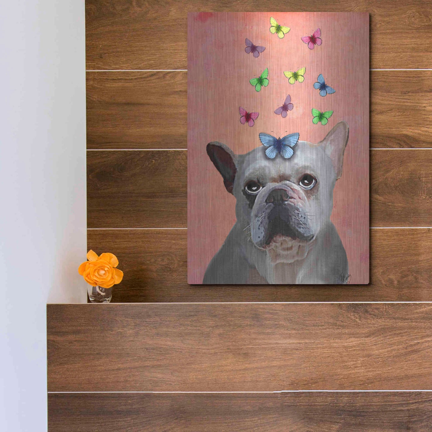 Luxe Metal Art 'White French Bulldog and Butterflies' by Fab Funky Metal Wall Art,12x16