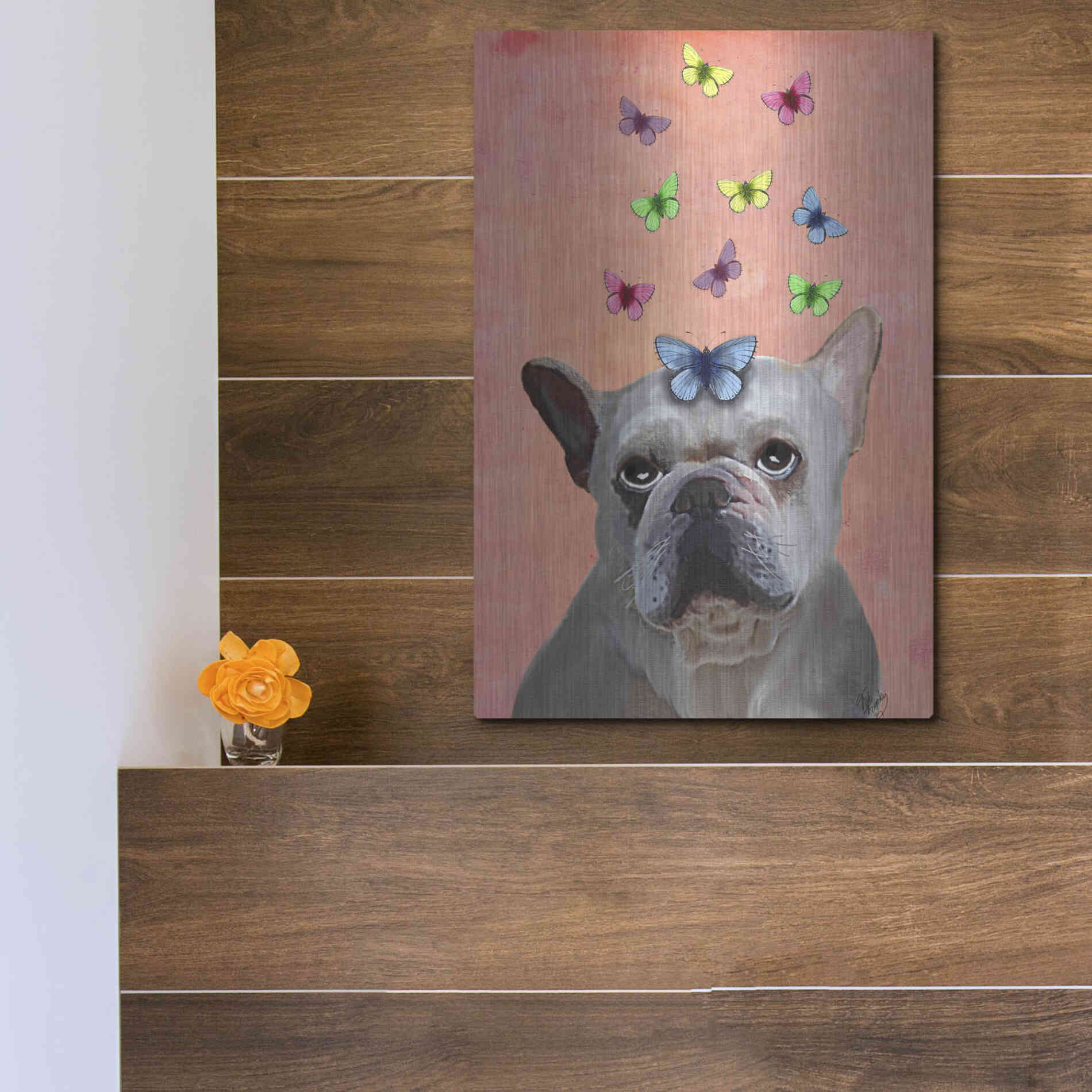 Luxe Metal Art 'White French Bulldog and Butterflies' by Fab Funky Metal Wall Art,12x16