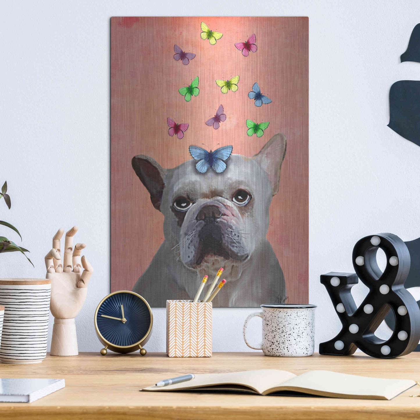 Luxe Metal Art 'White French Bulldog and Butterflies' by Fab Funky Metal Wall Art,12x16