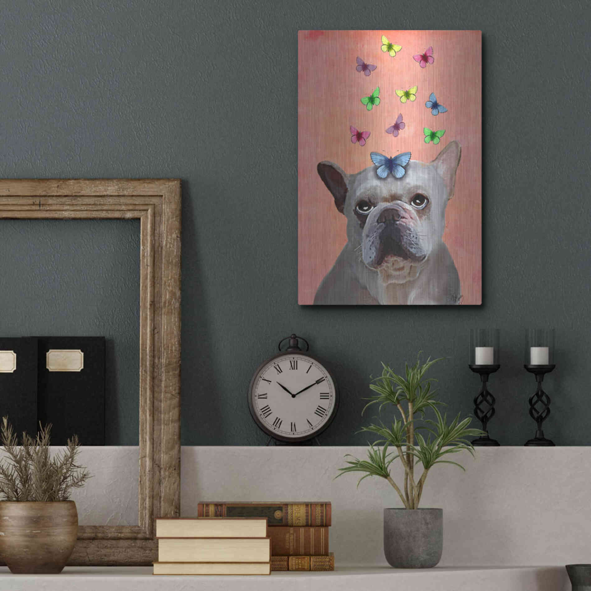 Luxe Metal Art 'White French Bulldog and Butterflies' by Fab Funky Metal Wall Art,12x16