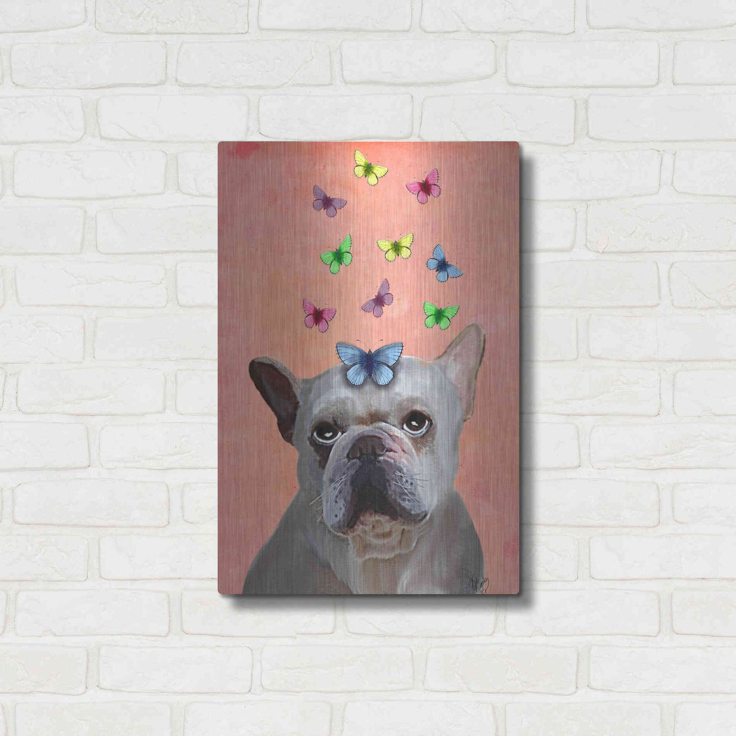 Luxe Metal Art 'White French Bulldog and Butterflies' by Fab Funky Metal Wall Art,16x24