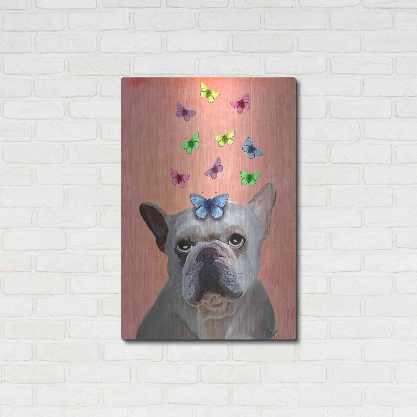 Luxe Metal Art 'White French Bulldog and Butterflies' by Fab Funky Metal Wall Art,24x36