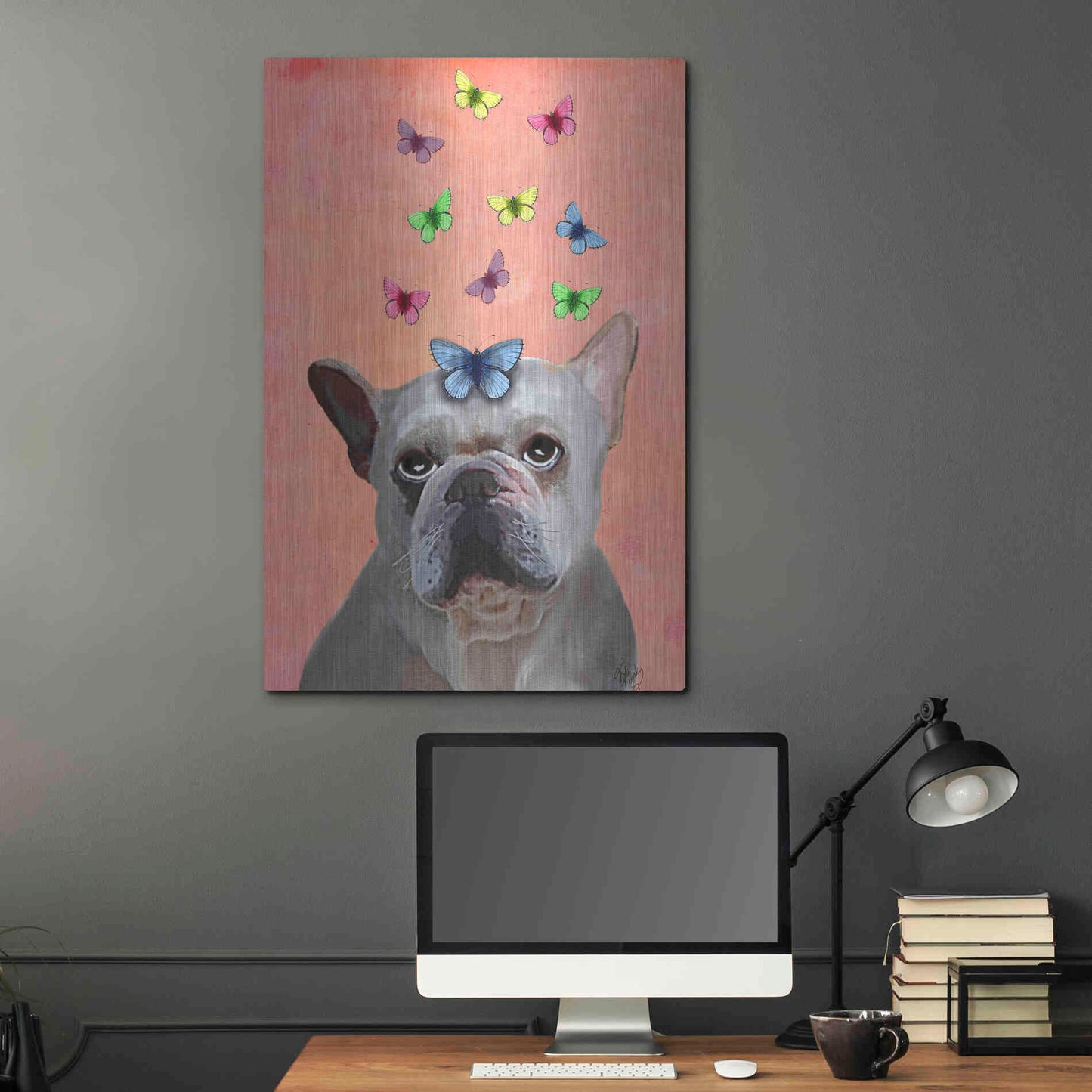 Luxe Metal Art 'White French Bulldog and Butterflies' by Fab Funky Metal Wall Art,24x36