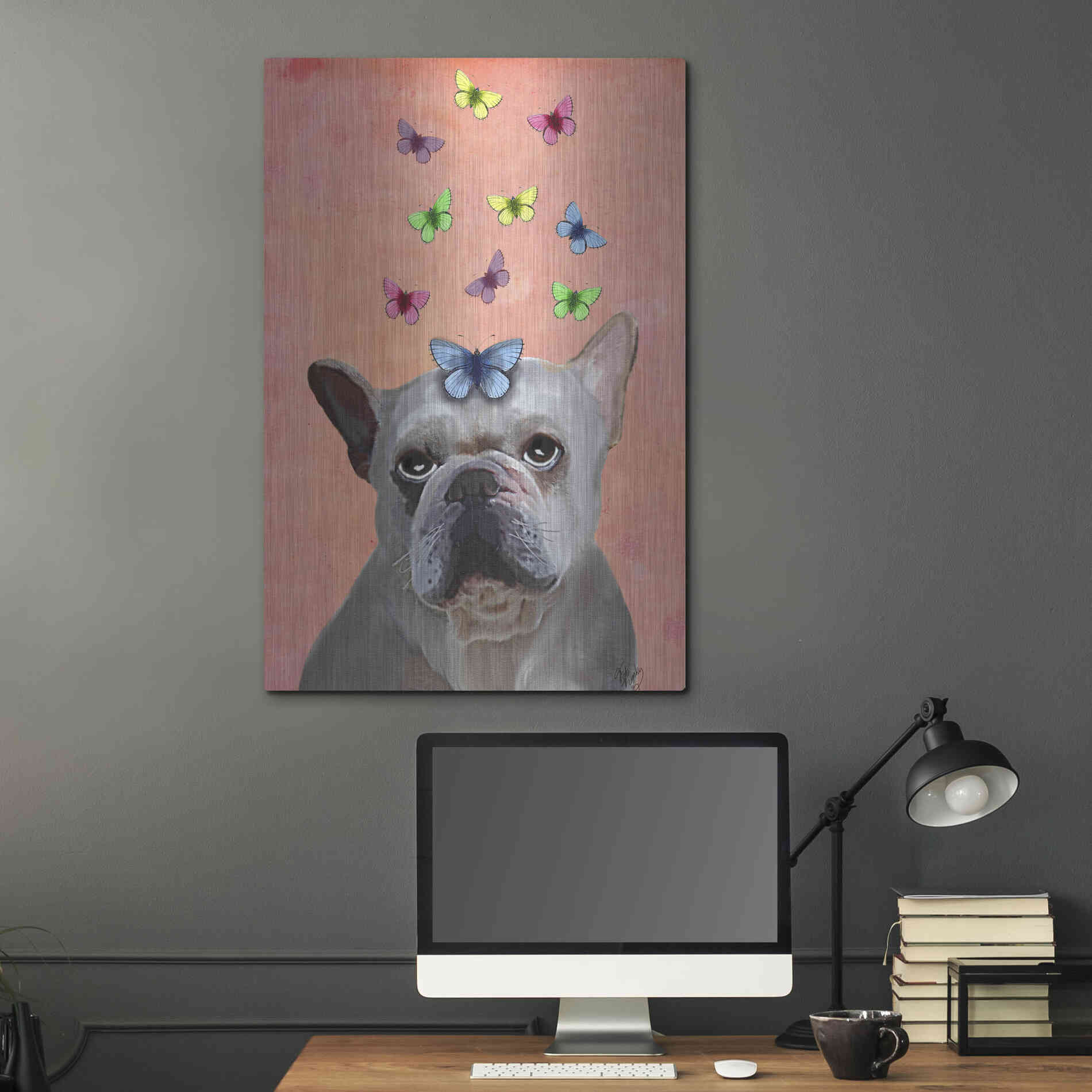 Luxe Metal Art 'White French Bulldog and Butterflies' by Fab Funky Metal Wall Art,24x36