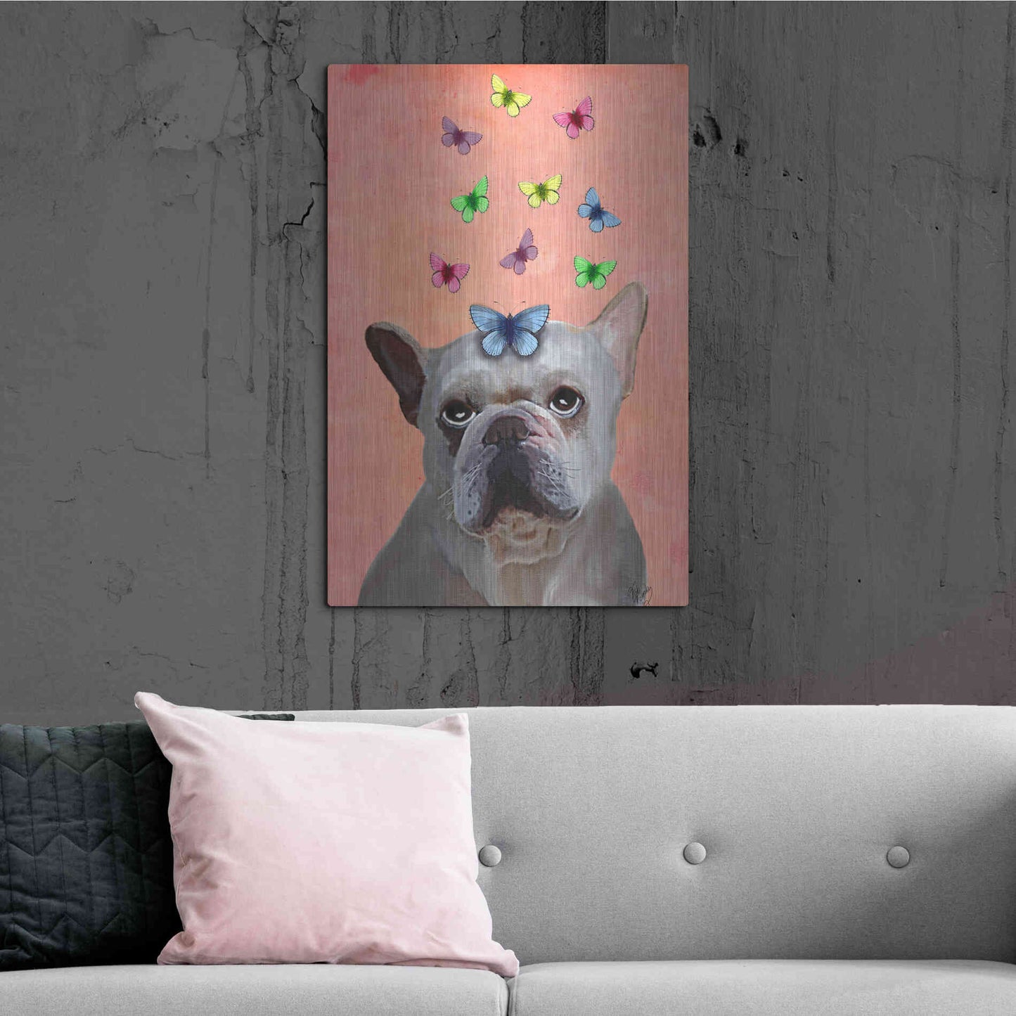 Luxe Metal Art 'White French Bulldog and Butterflies' by Fab Funky Metal Wall Art,24x36