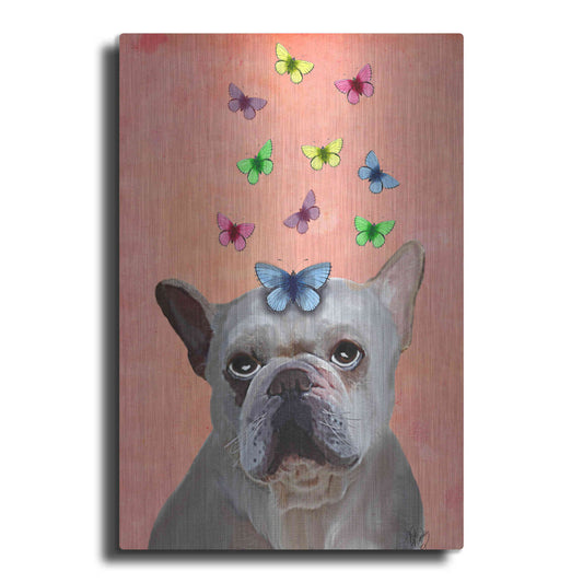 Luxe Metal Art 'White French Bulldog and Butterflies' by Fab Funky Metal Wall Art