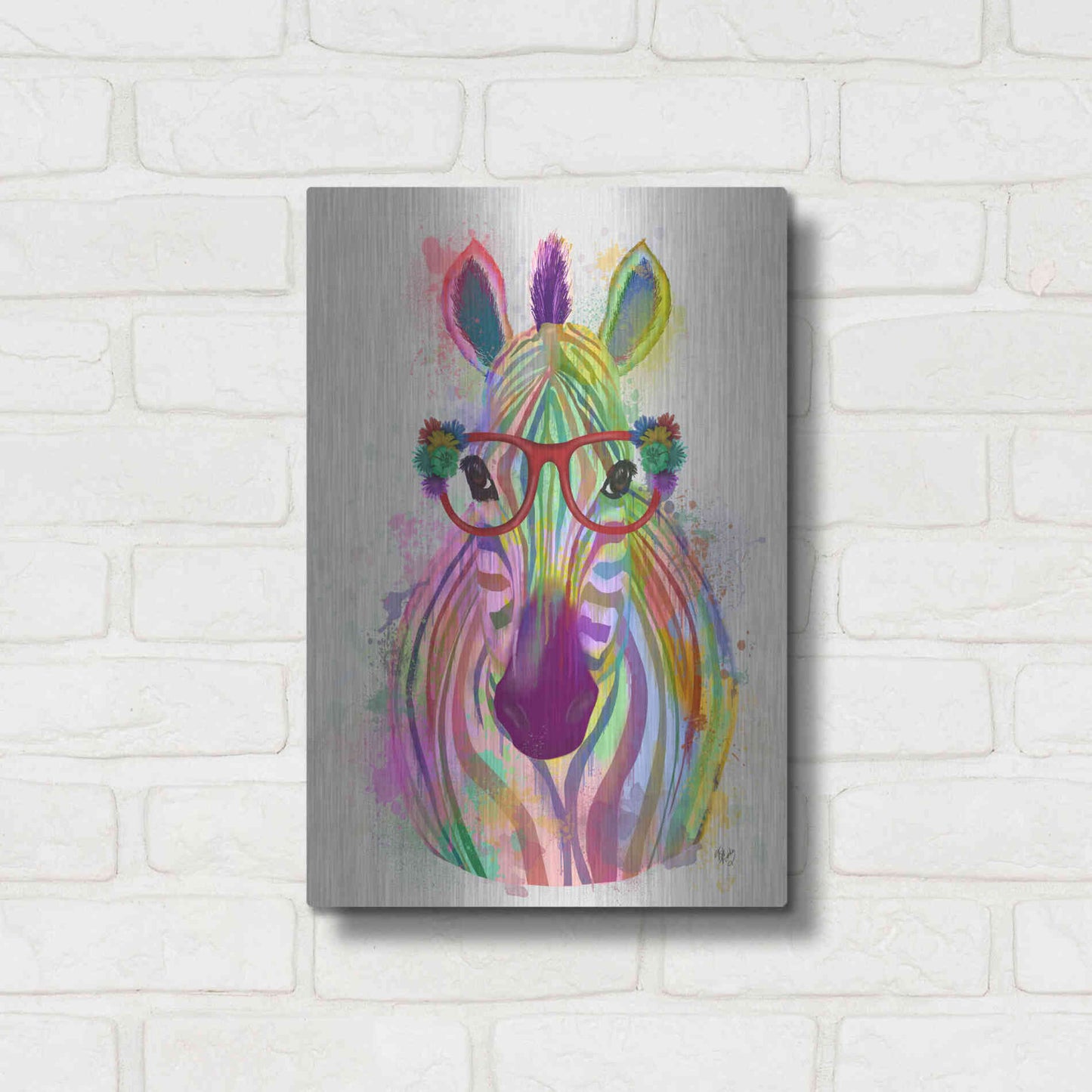 Luxe Metal Art 'Zebra Rainbow Splash 1' by Fab Funky Metal Wall Art,12x16