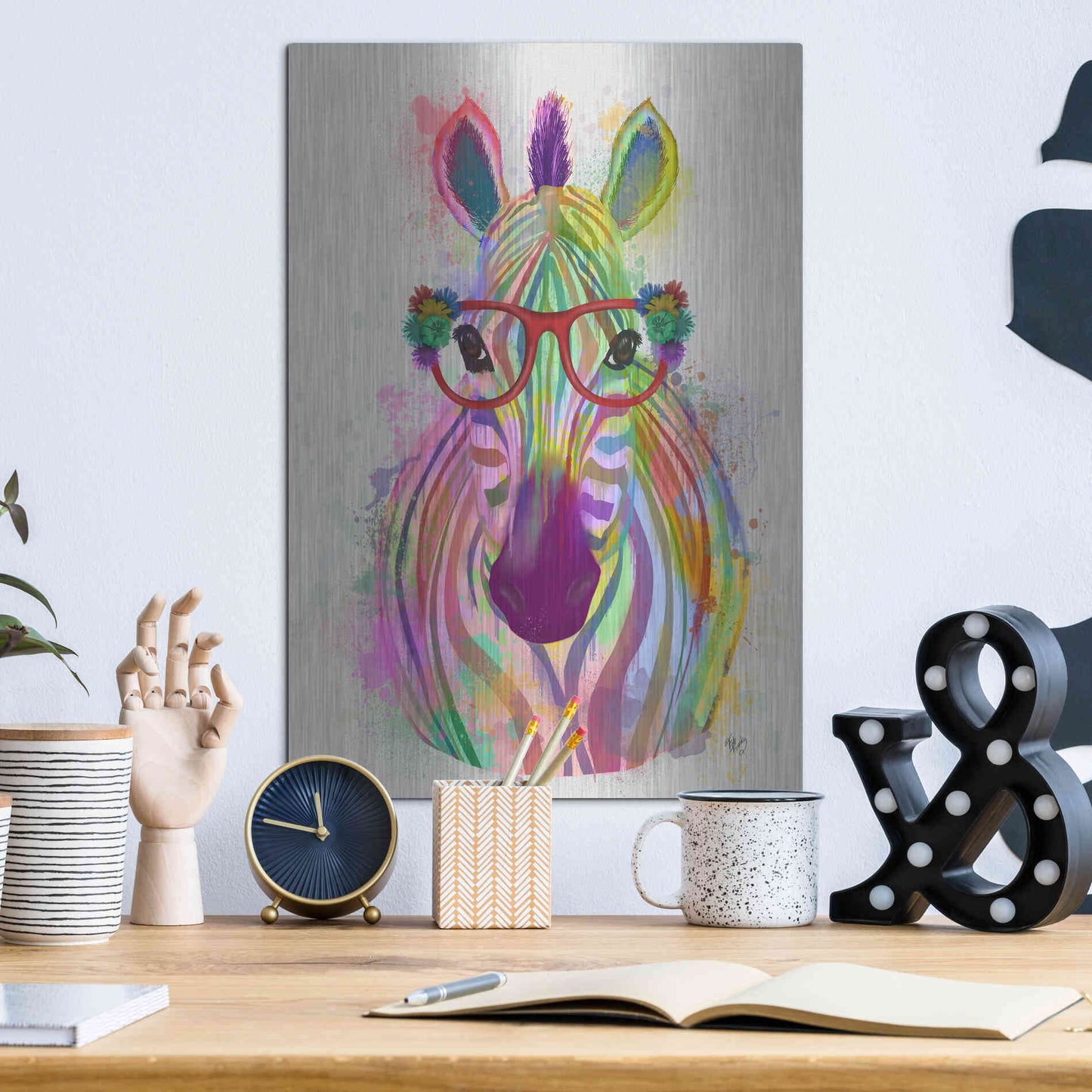 Luxe Metal Art 'Zebra Rainbow Splash 1' by Fab Funky Metal Wall Art,12x16