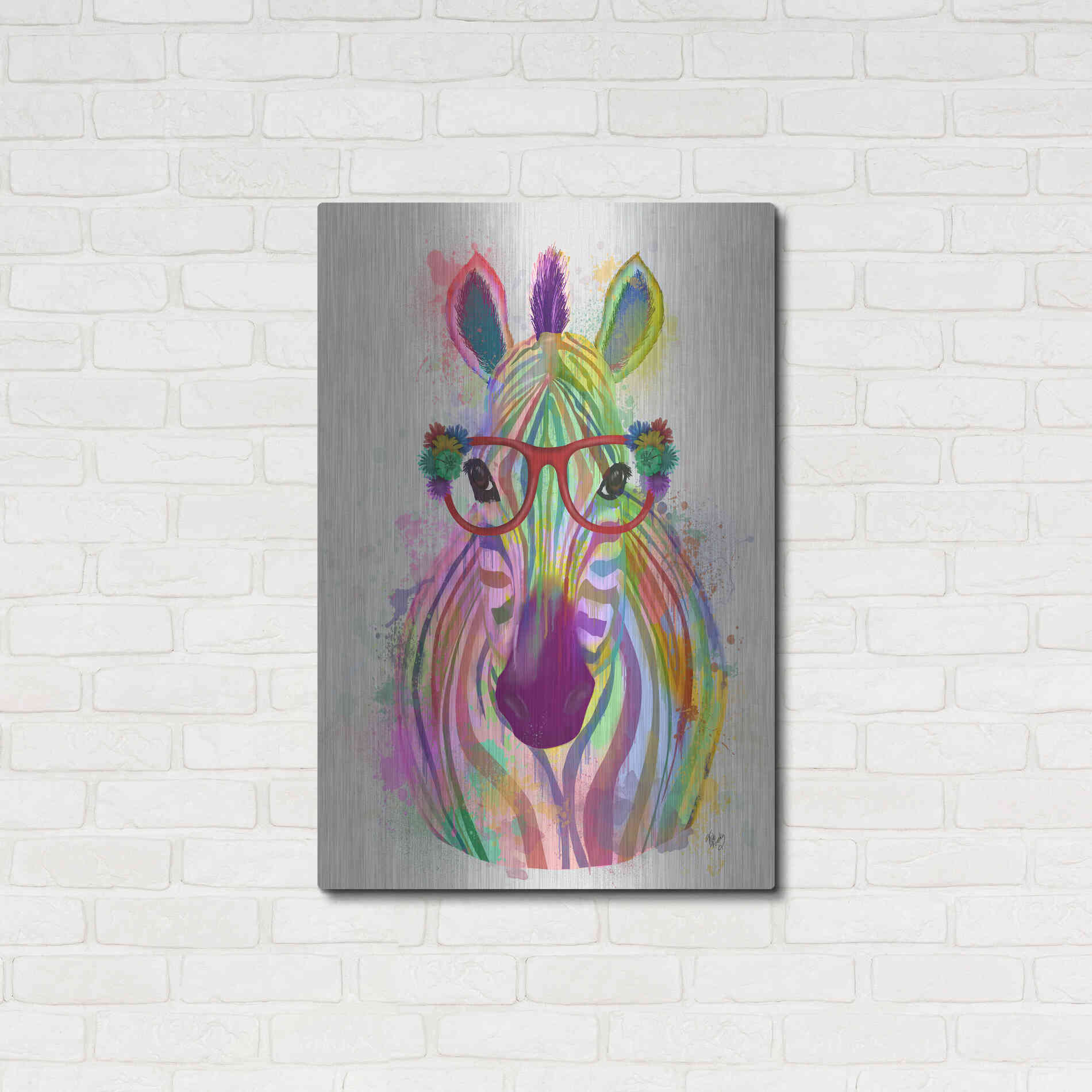 Luxe Metal Art 'Zebra Rainbow Splash 1' by Fab Funky Metal Wall Art,24x36