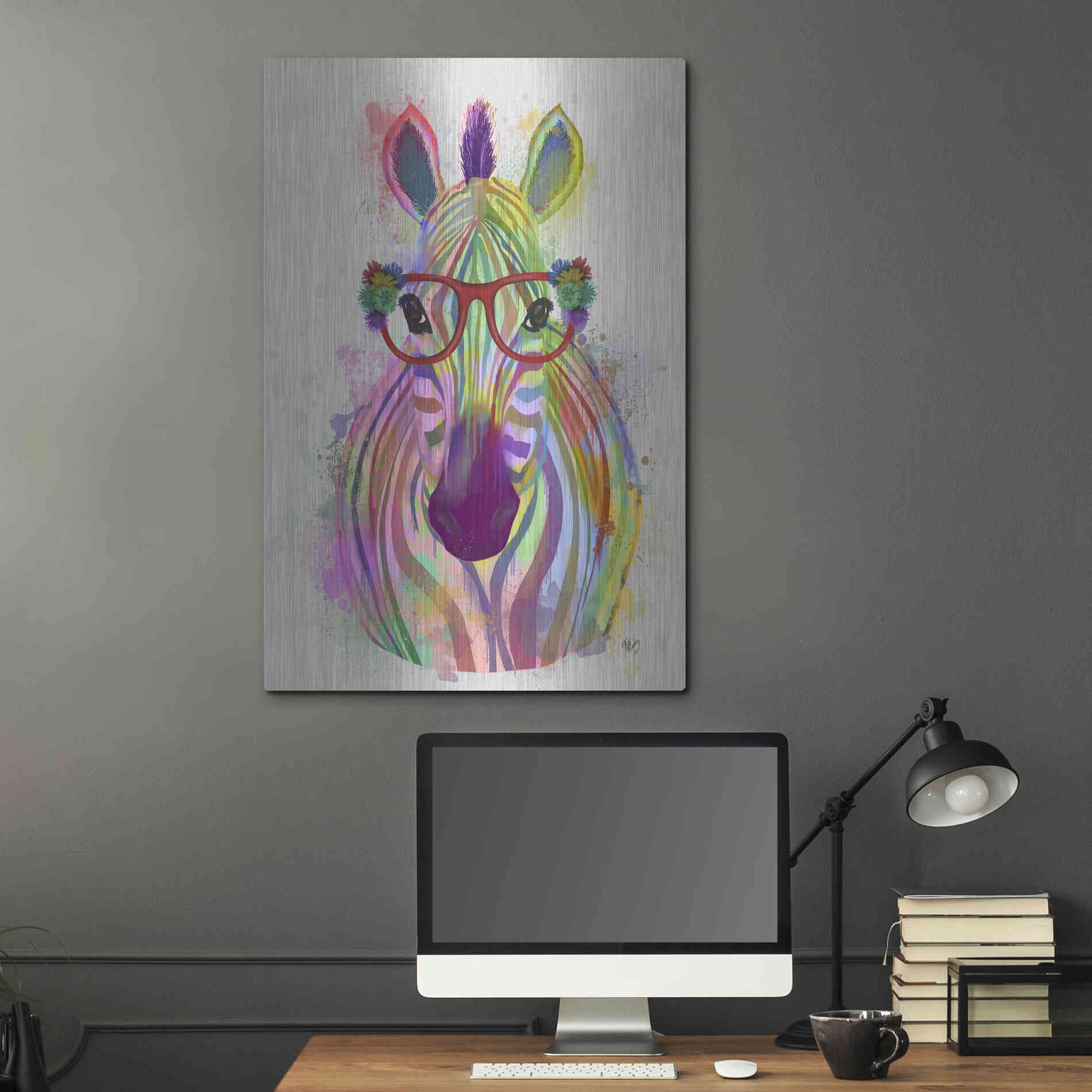 Luxe Metal Art 'Zebra Rainbow Splash 1' by Fab Funky Metal Wall Art,24x36