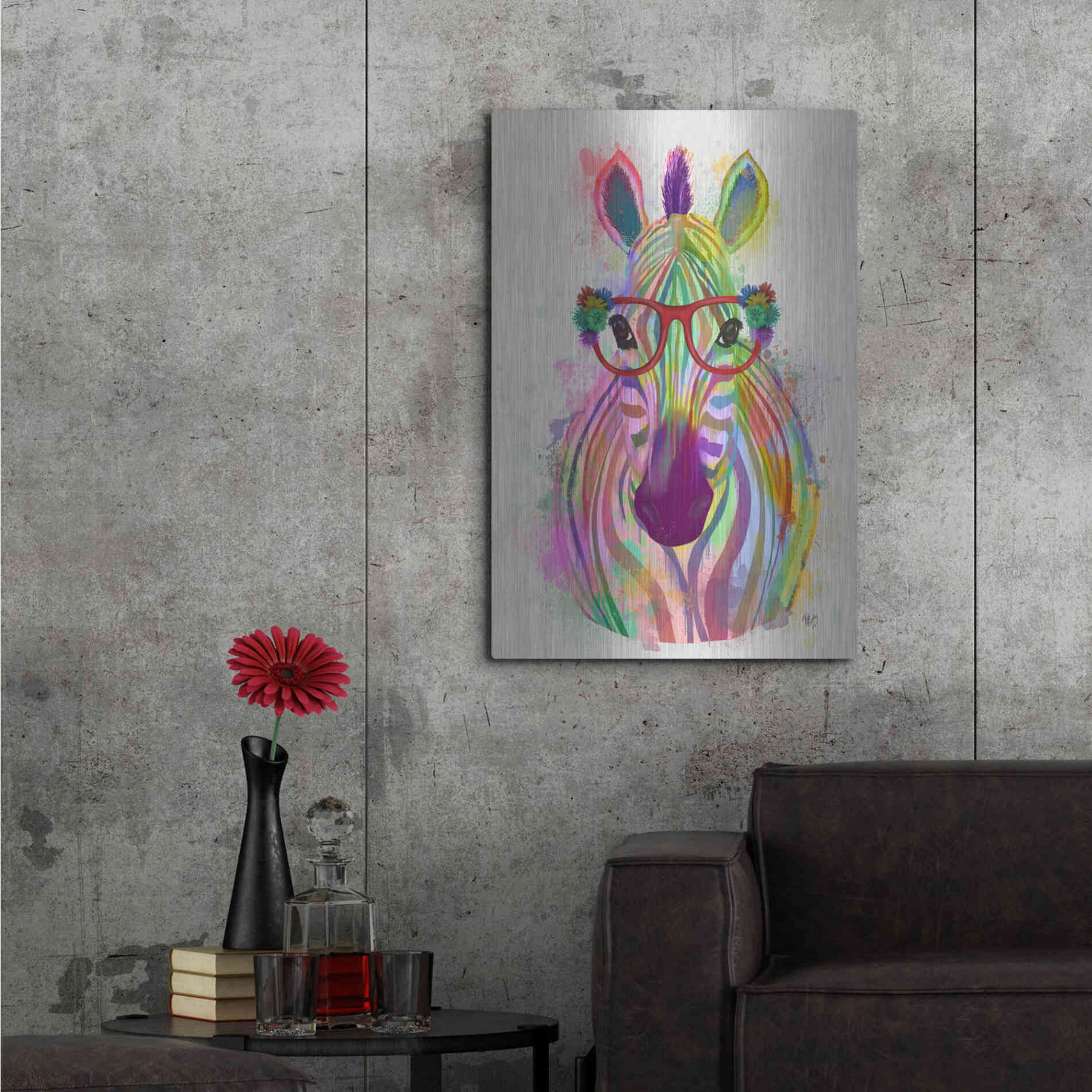 Luxe Metal Art 'Zebra Rainbow Splash 1' by Fab Funky Metal Wall Art,24x36