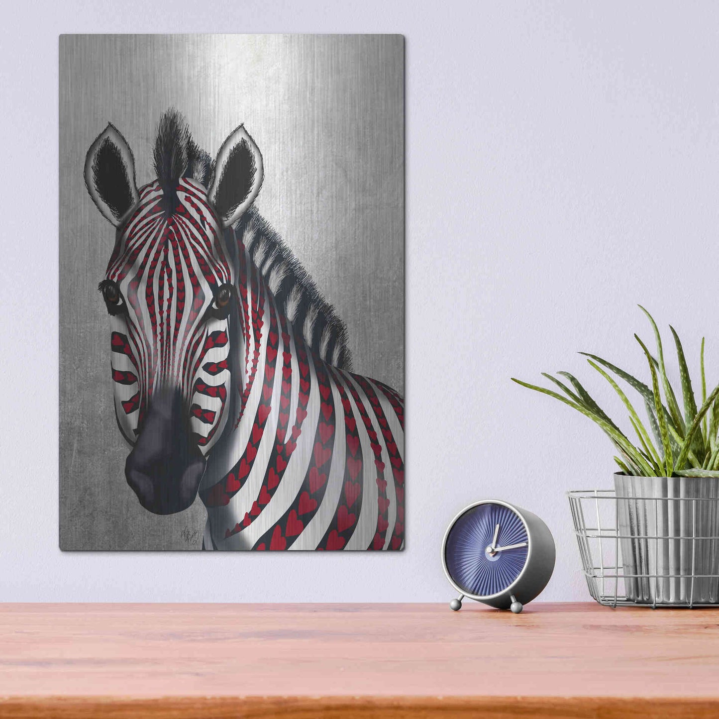 Luxe Metal Art 'Zebra, Red Love Hearts' by Fab Funky Metal Wall Art,12x16