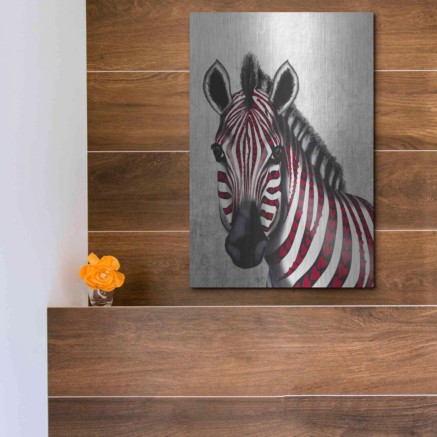 Luxe Metal Art 'Zebra, Red Love Hearts' by Fab Funky Metal Wall Art,12x16