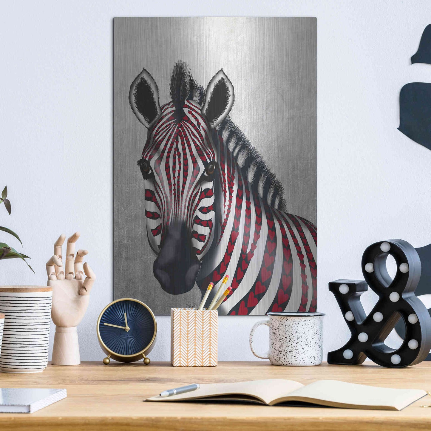 Luxe Metal Art 'Zebra, Red Love Hearts' by Fab Funky Metal Wall Art,12x16