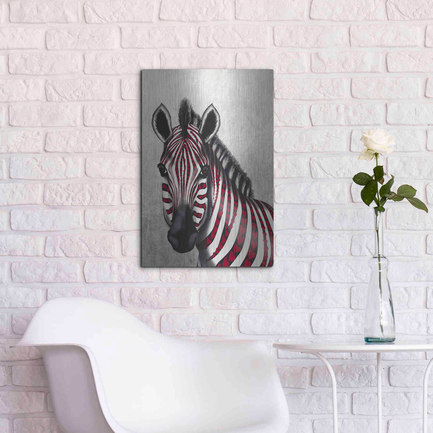 Luxe Metal Art 'Zebra, Red Love Hearts' by Fab Funky Metal Wall Art,16x24