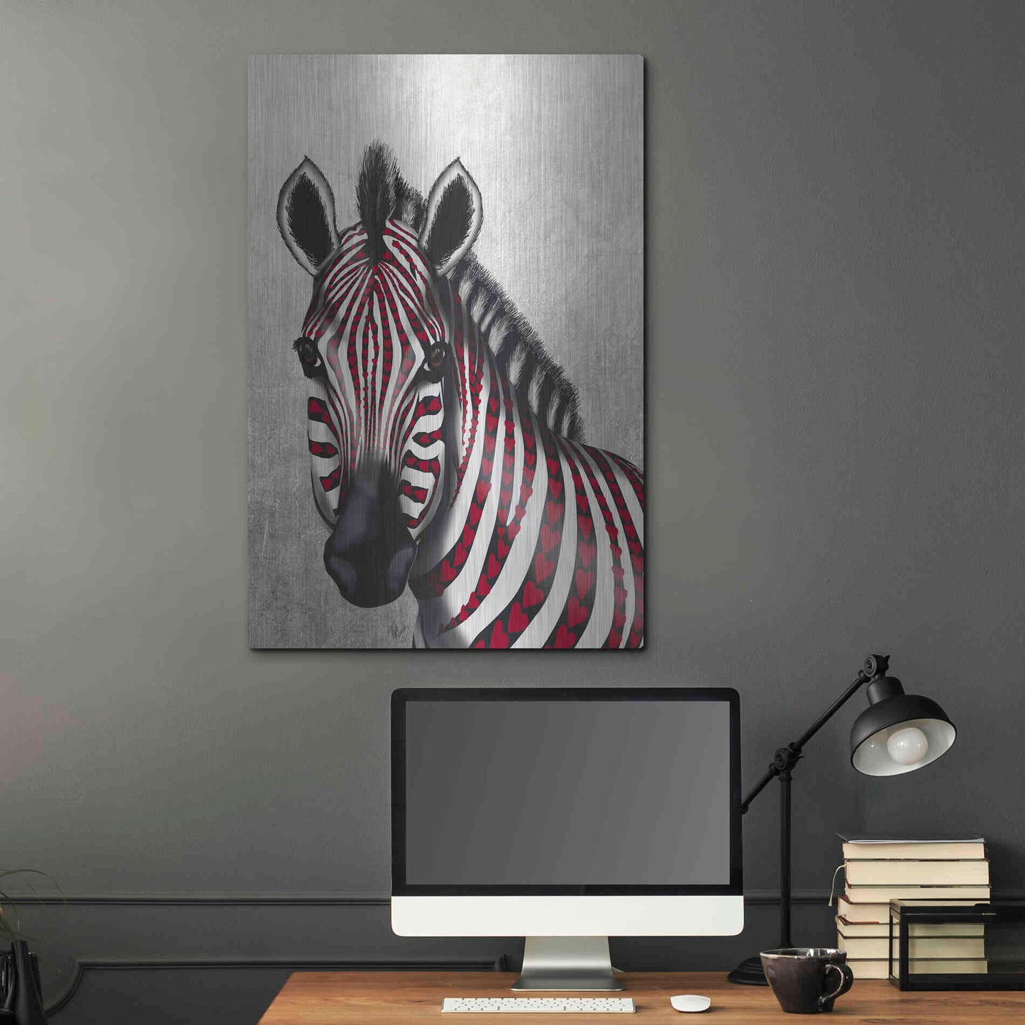 Luxe Metal Art 'Zebra, Red Love Hearts' by Fab Funky Metal Wall Art,24x36