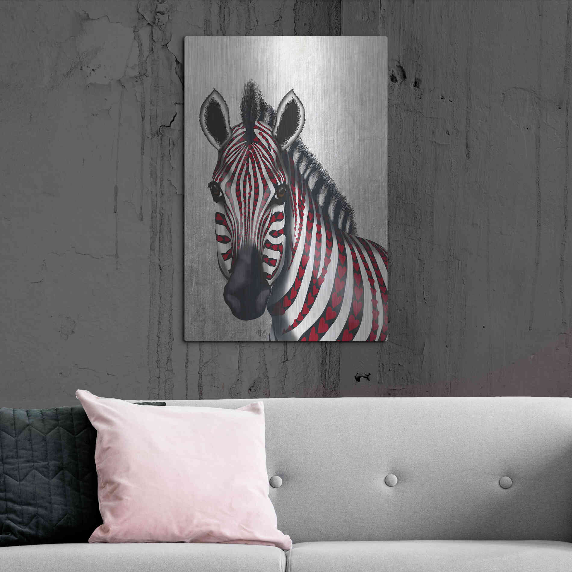 Luxe Metal Art 'Zebra, Red Love Hearts' by Fab Funky Metal Wall Art,24x36