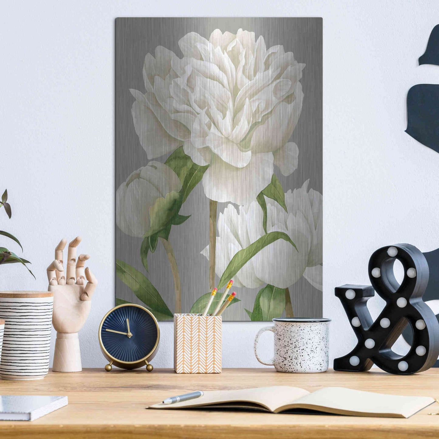 Luxe Metal Art 'White Peonies II' by Grace Popp Metal Wall Art,12x16