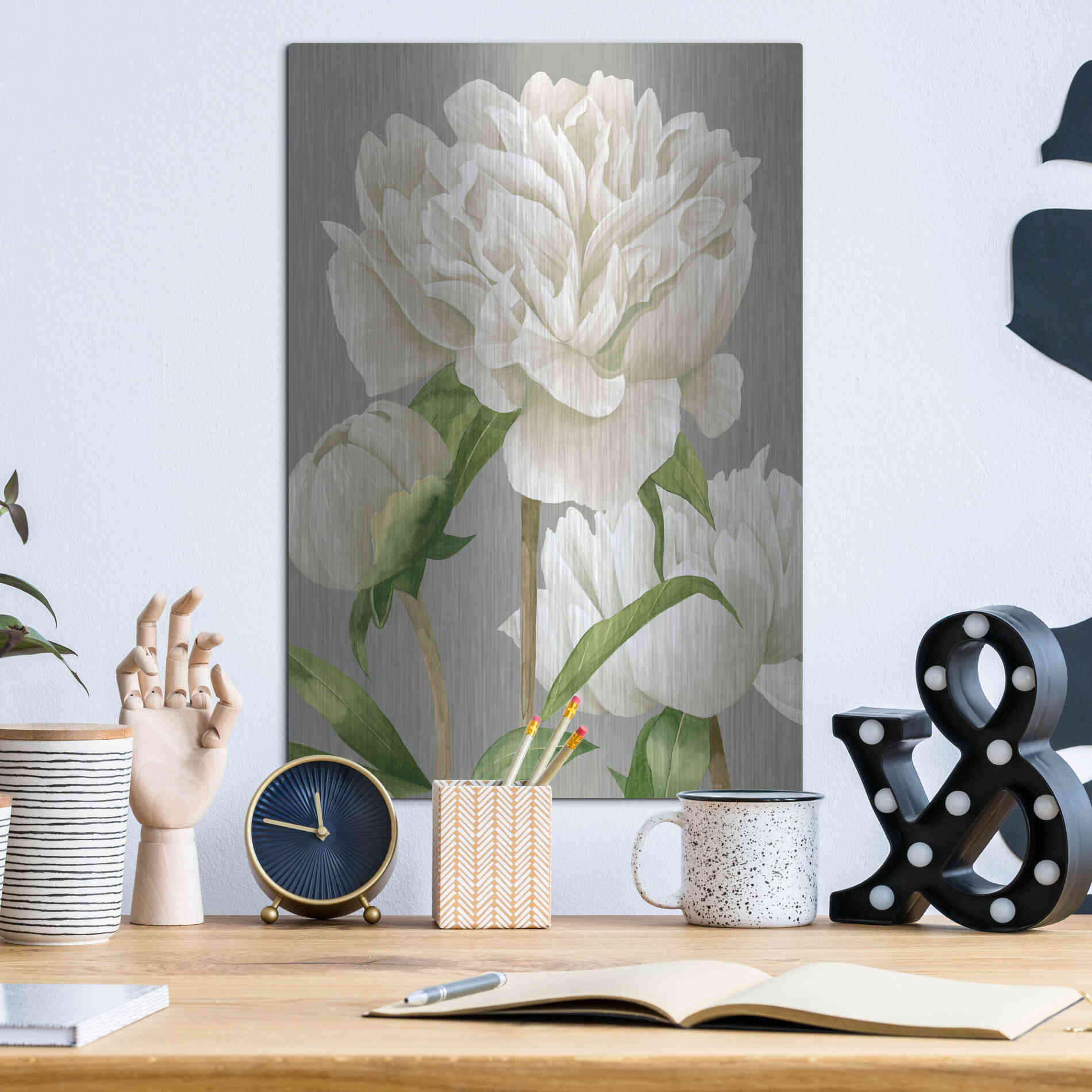 Luxe Metal Art 'White Peonies II' by Grace Popp Metal Wall Art,12x16
