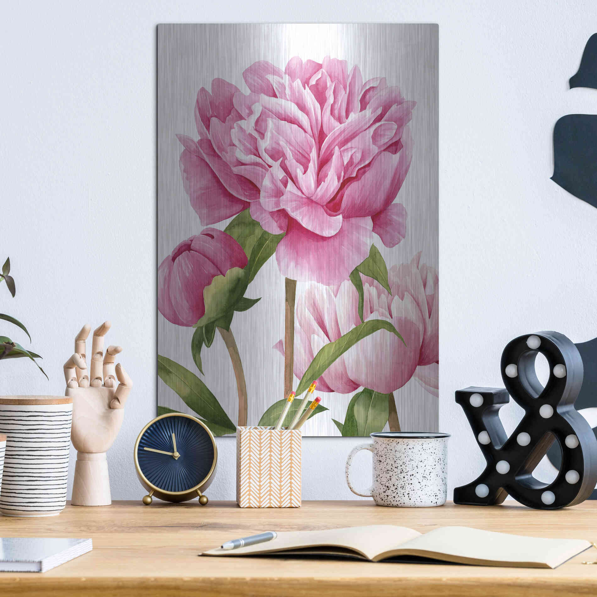 Luxe Metal Art 'Winsome Peonies II' by Grace Popp Metal Wall Art,12x16