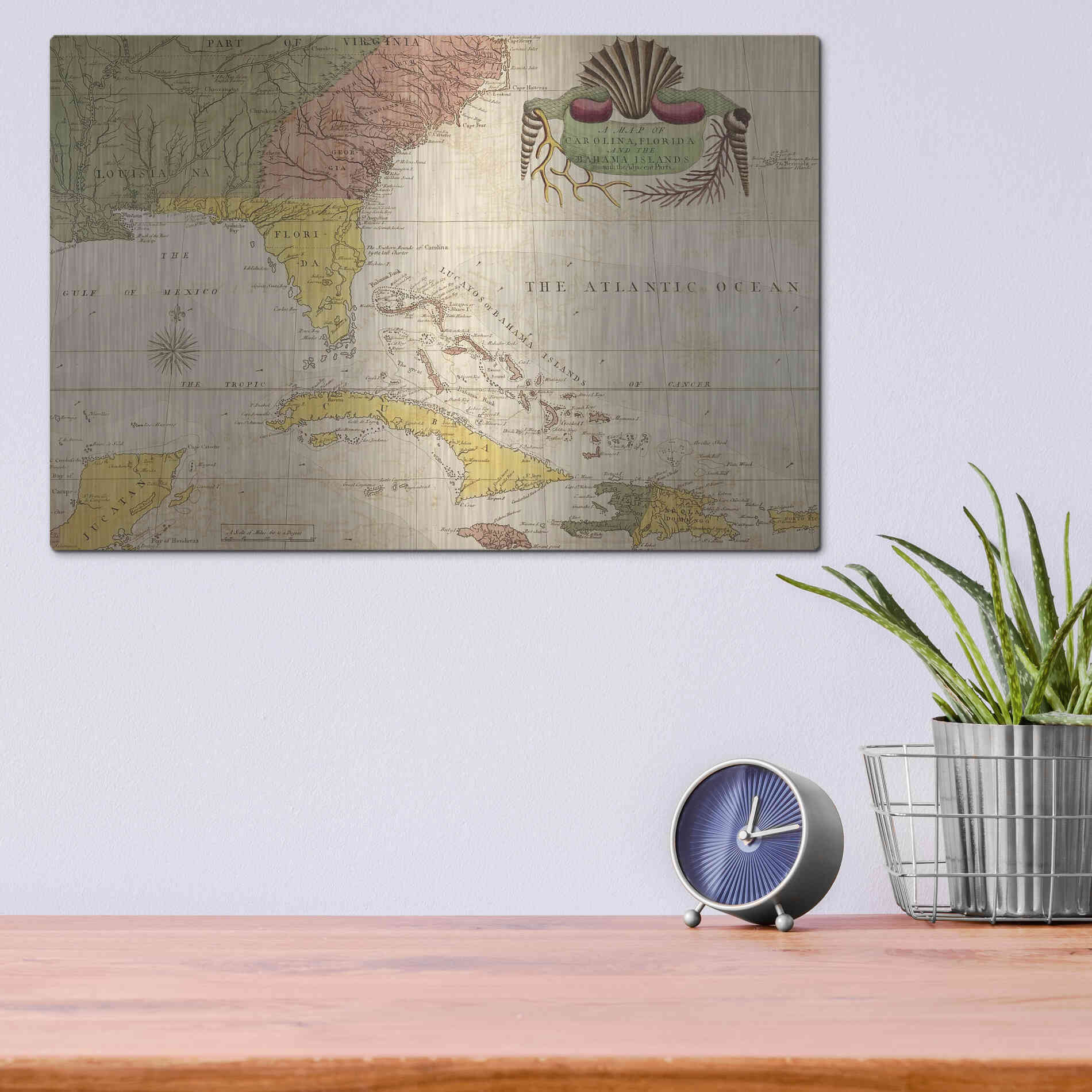 Luxe Metal Art 'Map of Carolina, Florida & the Bahama Islands' by Mark Catesby Metal Wall Art,16x12