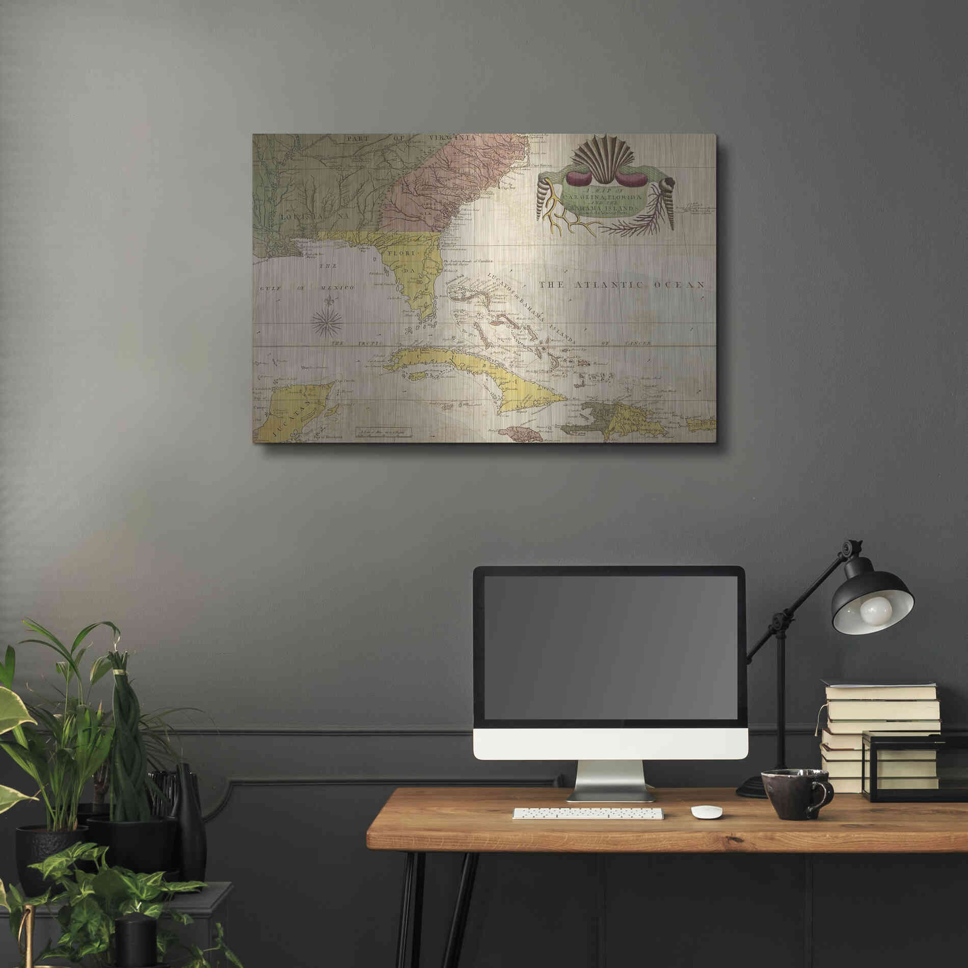 Luxe Metal Art 'Map of Carolina, Florida & the Bahama Islands' by Mark Catesby Metal Wall Art,36x24