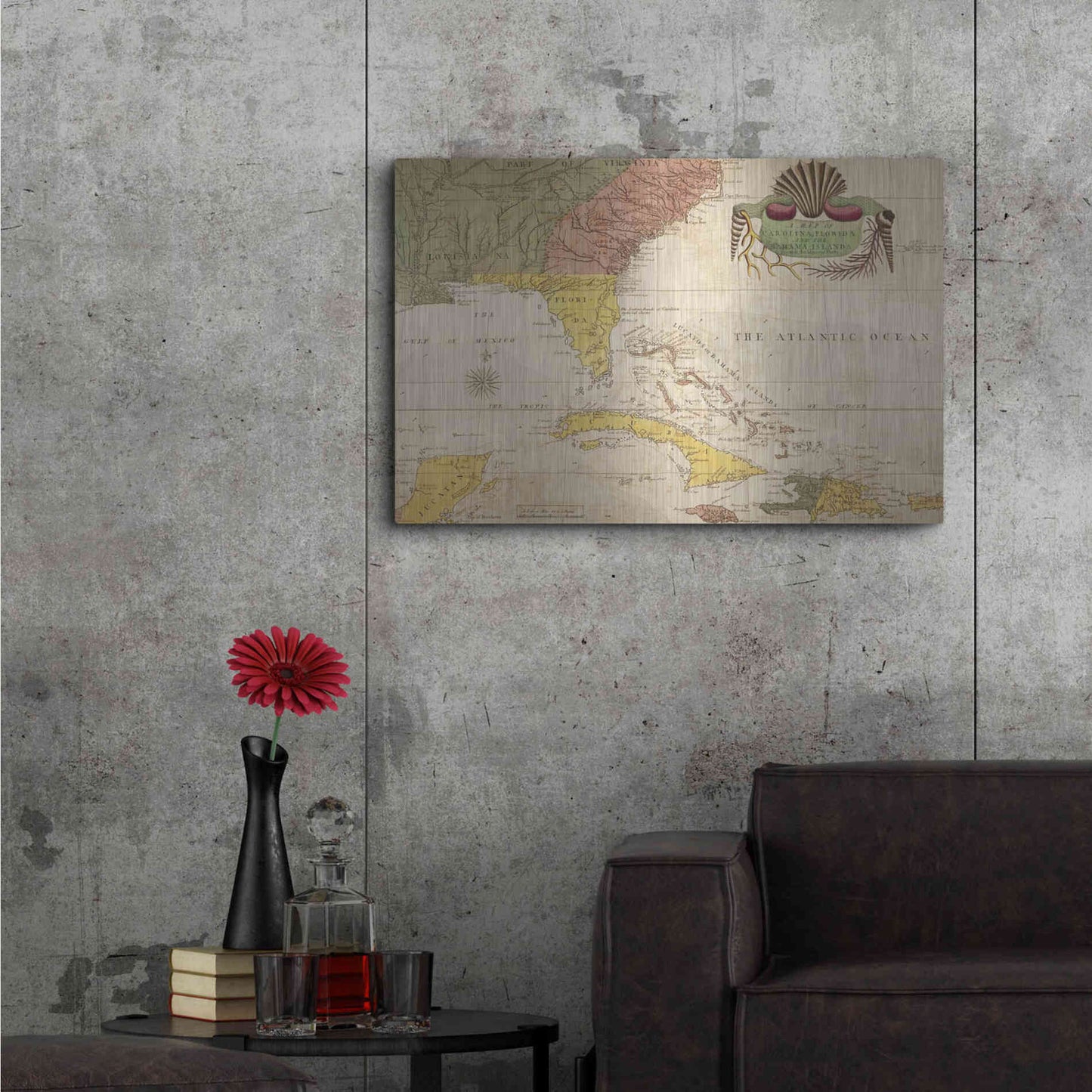 Luxe Metal Art 'Map of Carolina, Florida & the Bahama Islands' by Mark Catesby Metal Wall Art,36x24