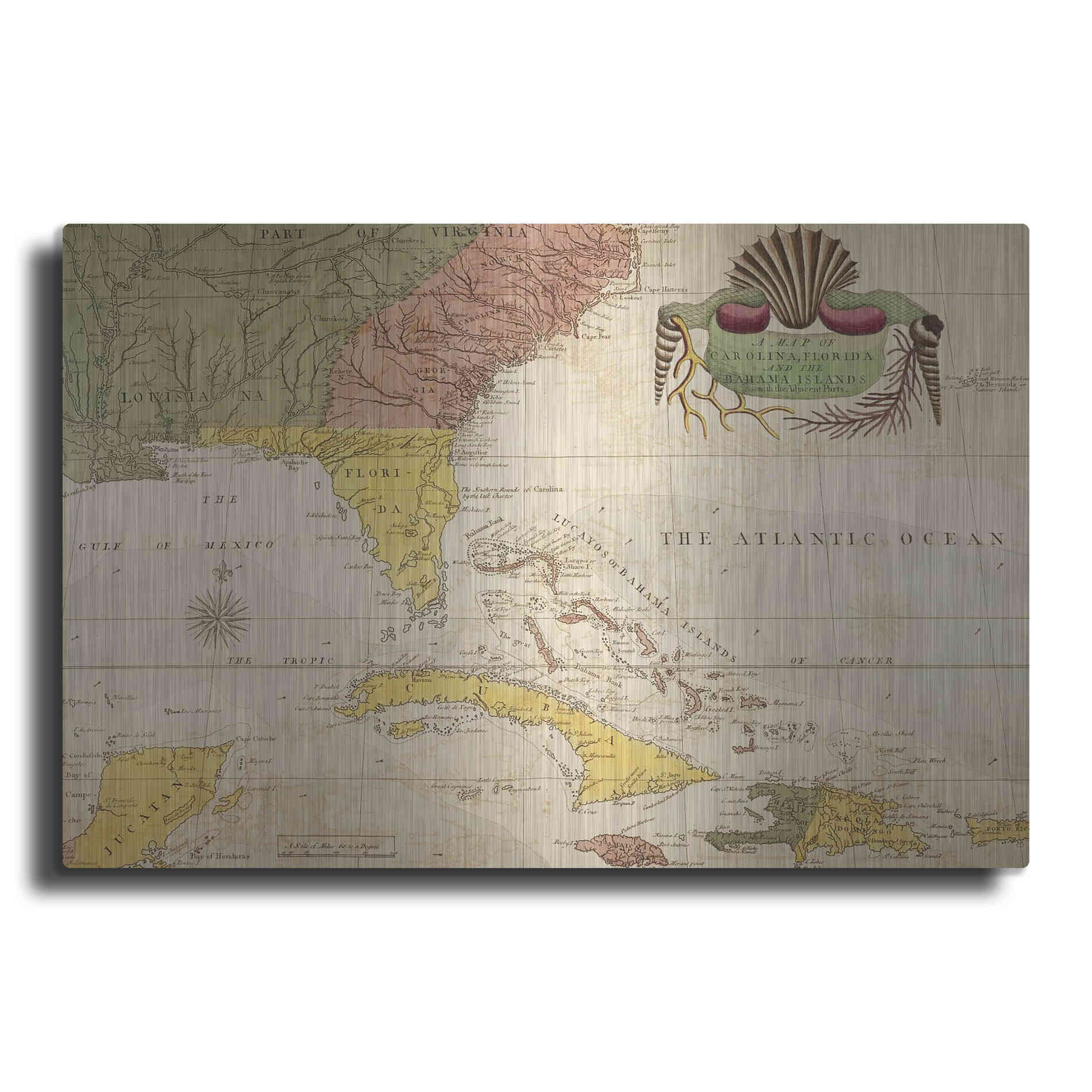 Luxe Metal Art 'Map of Carolina, Florida & the Bahama Islands' by Mark Catesby Metal Wall Art