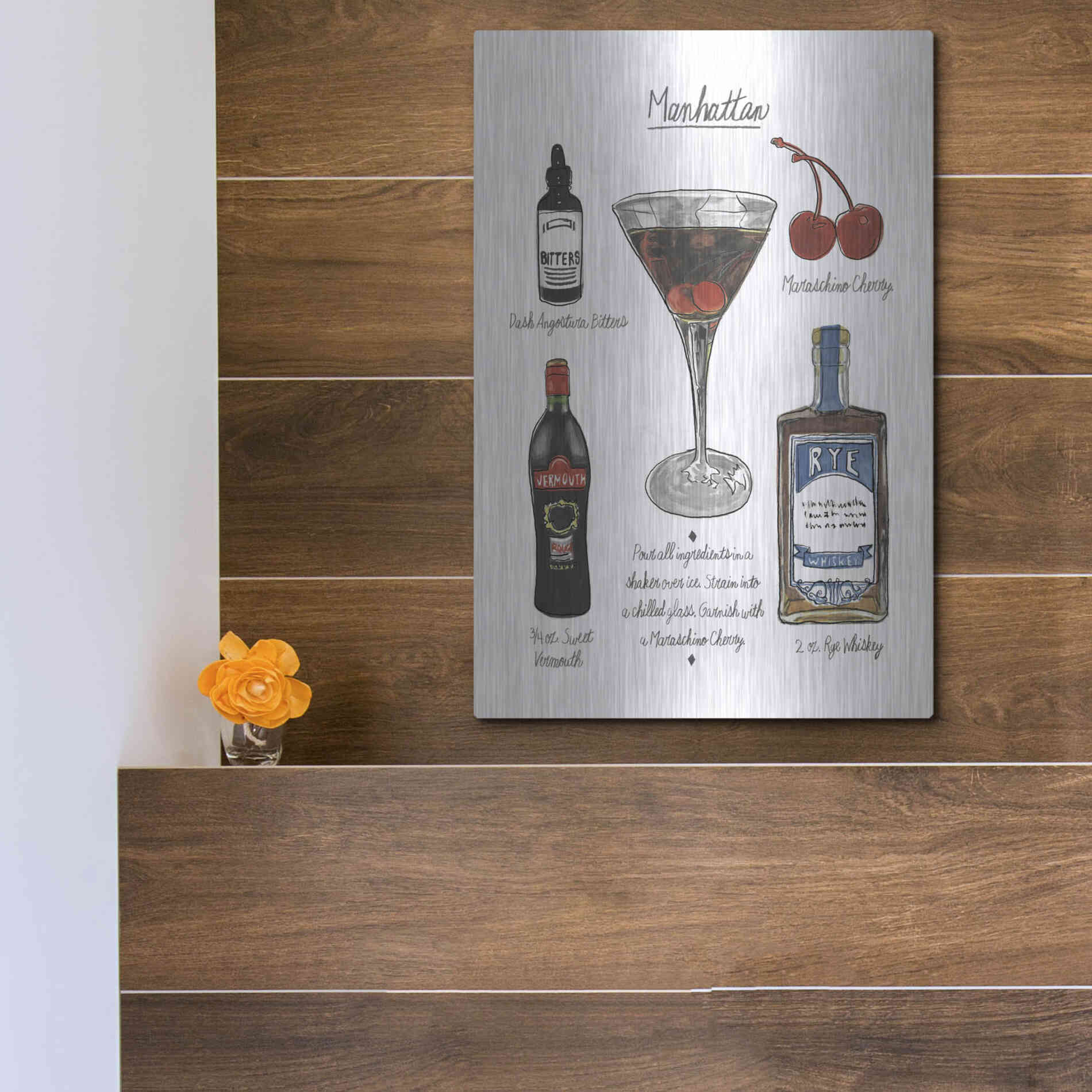 Luxe Metal Art 'Classic Cocktail - Manhattan' by Naomi McCavitt, Metal Wall Art,12x16