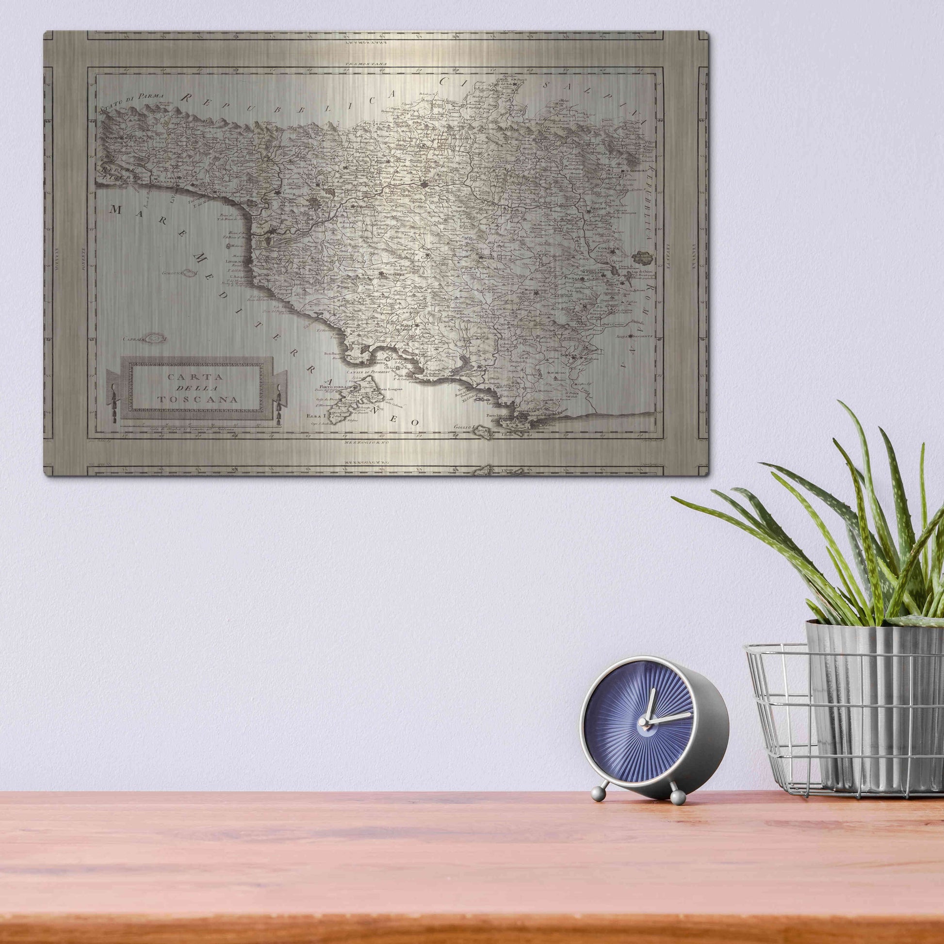 Luxe Metal Art 'Antique Map of Tuscany' by Unknown Metal Wall Art,16x12