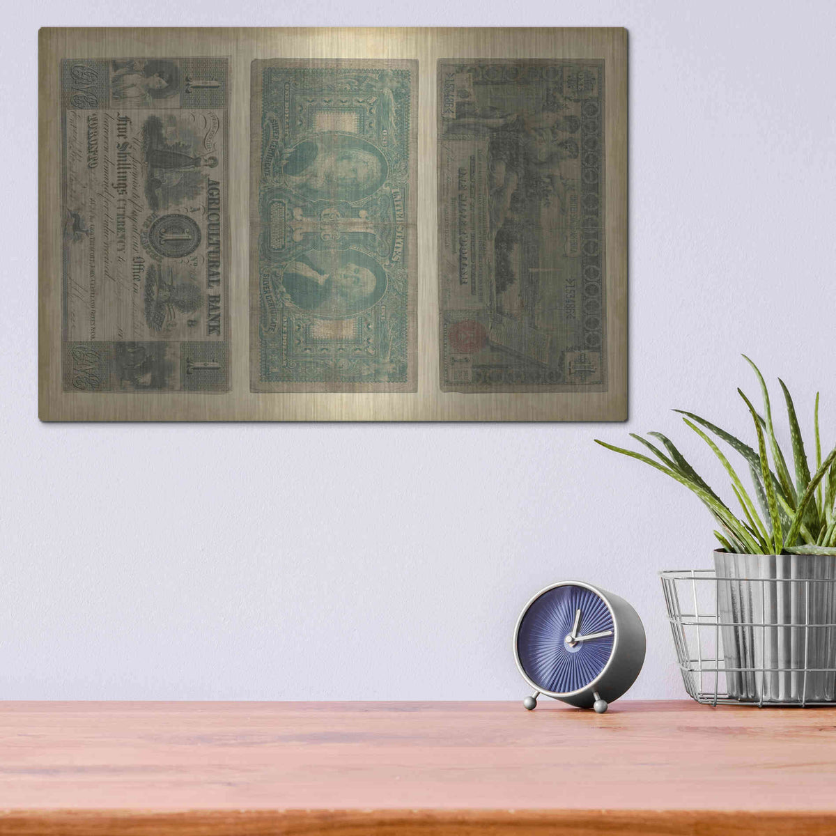 Luxe Metal Art 'Antique Currency V' by Vision Studio Metal Wall Art,16x12