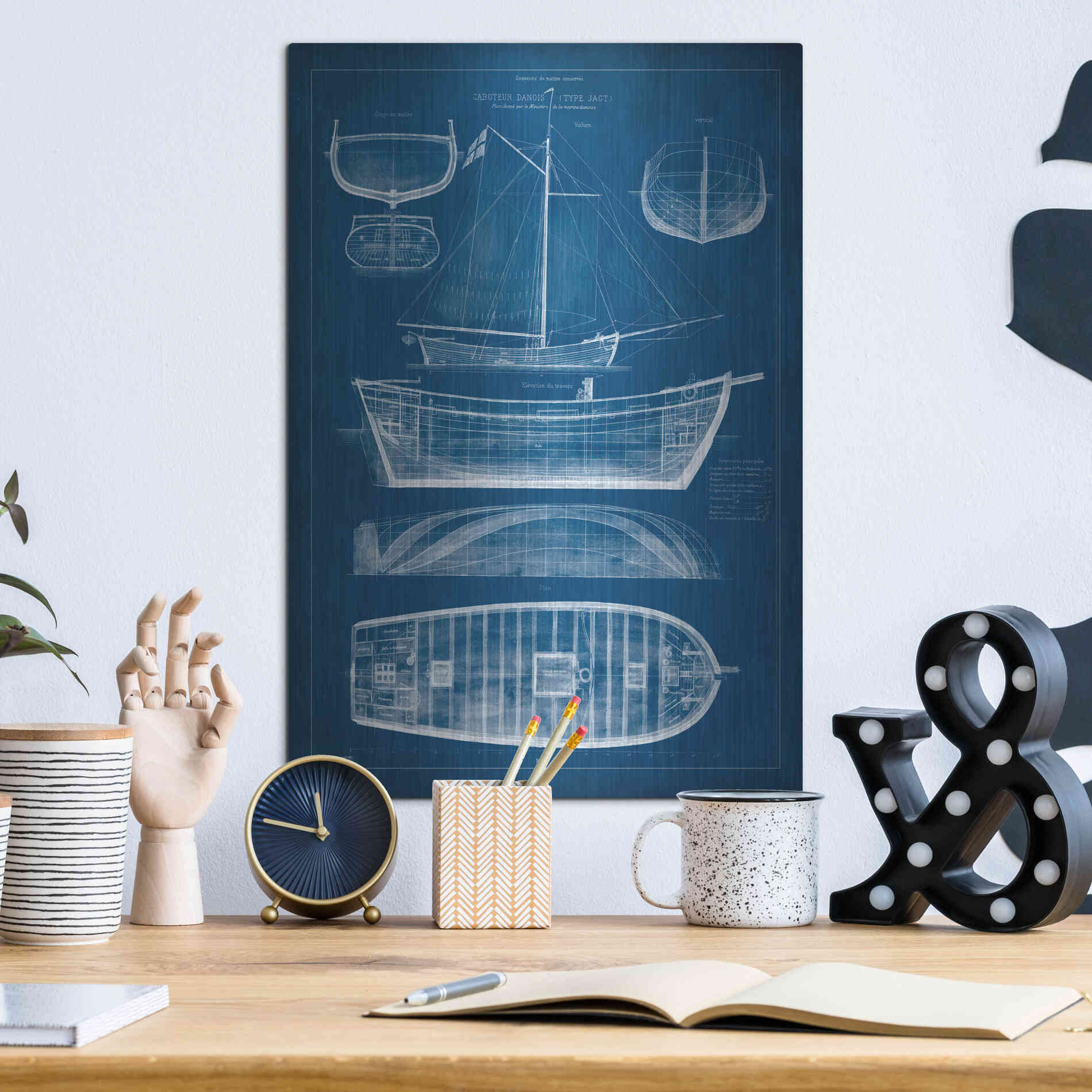 Luxe Metal Art 'Antique Ship Blueprint II' by Vision Studio Metal Wall Art,12x16