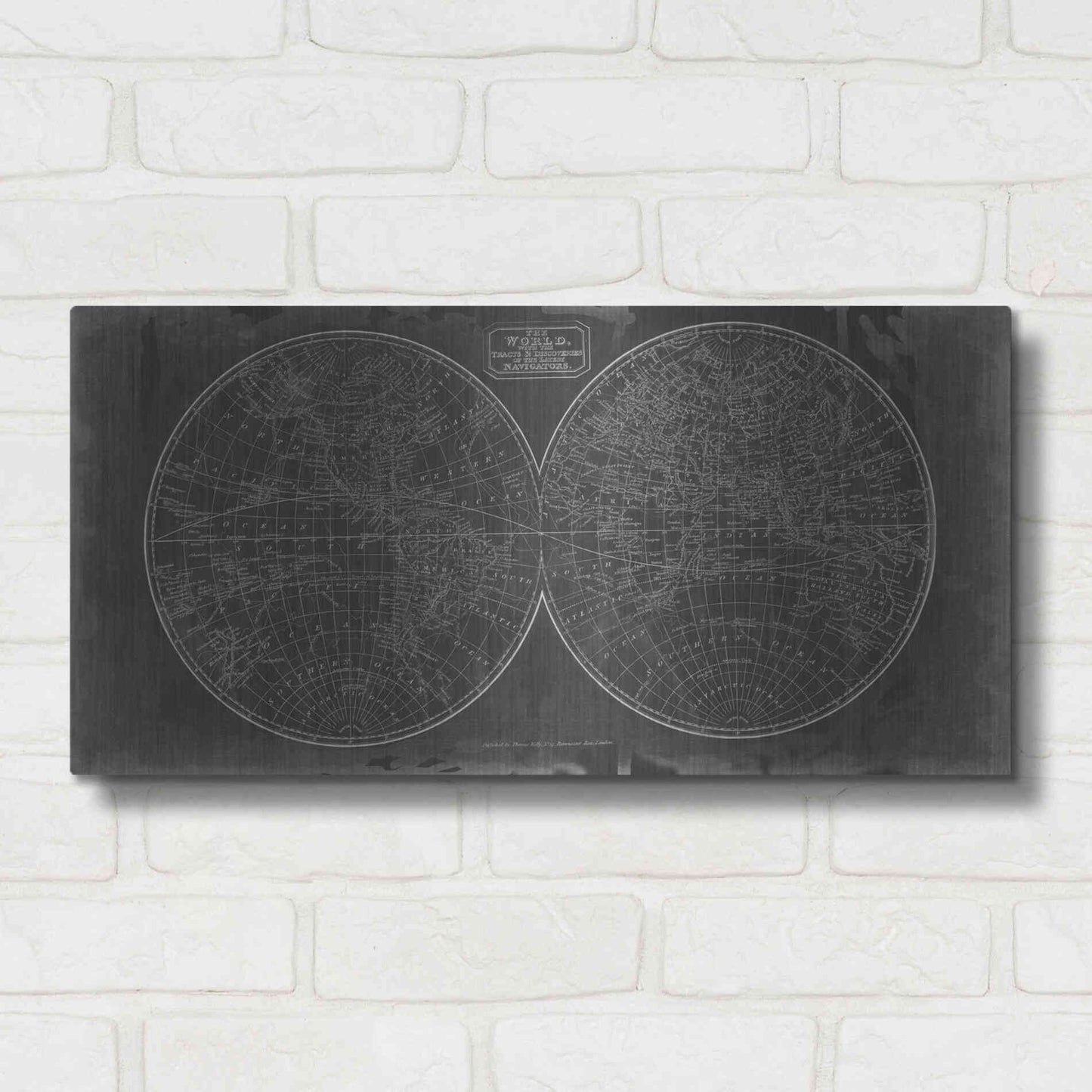 Luxe Metal Art 'Blueprint of the World in Hemispheres' by Vision Studio Metal Wall Art,24x12