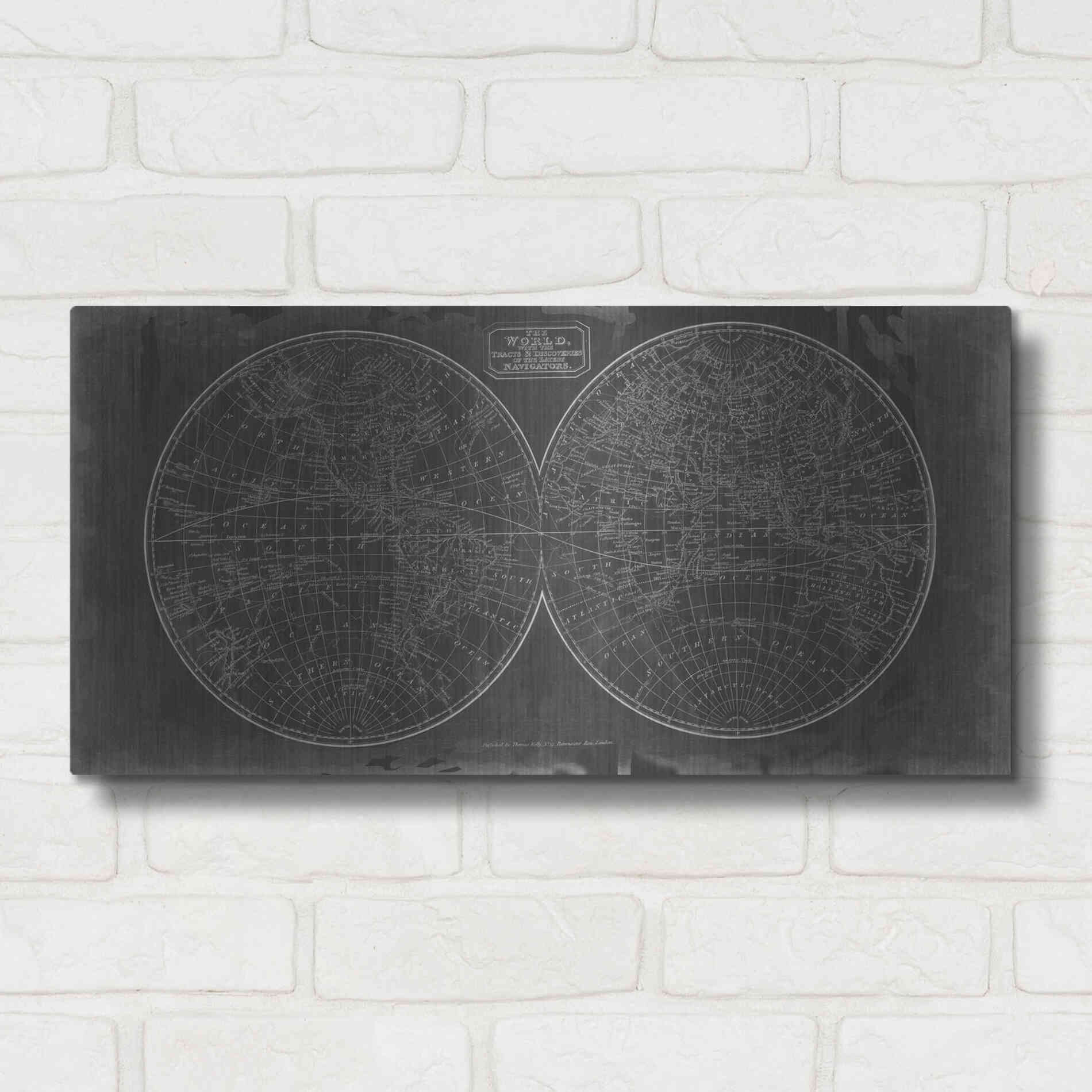 Luxe Metal Art 'Blueprint of the World in Hemispheres' by Vision Studio Metal Wall Art,24x12