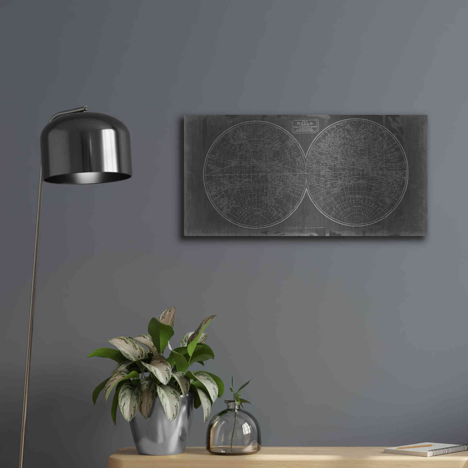 Luxe Metal Art 'Blueprint of the World in Hemispheres' by Vision Studio Metal Wall Art,24x12