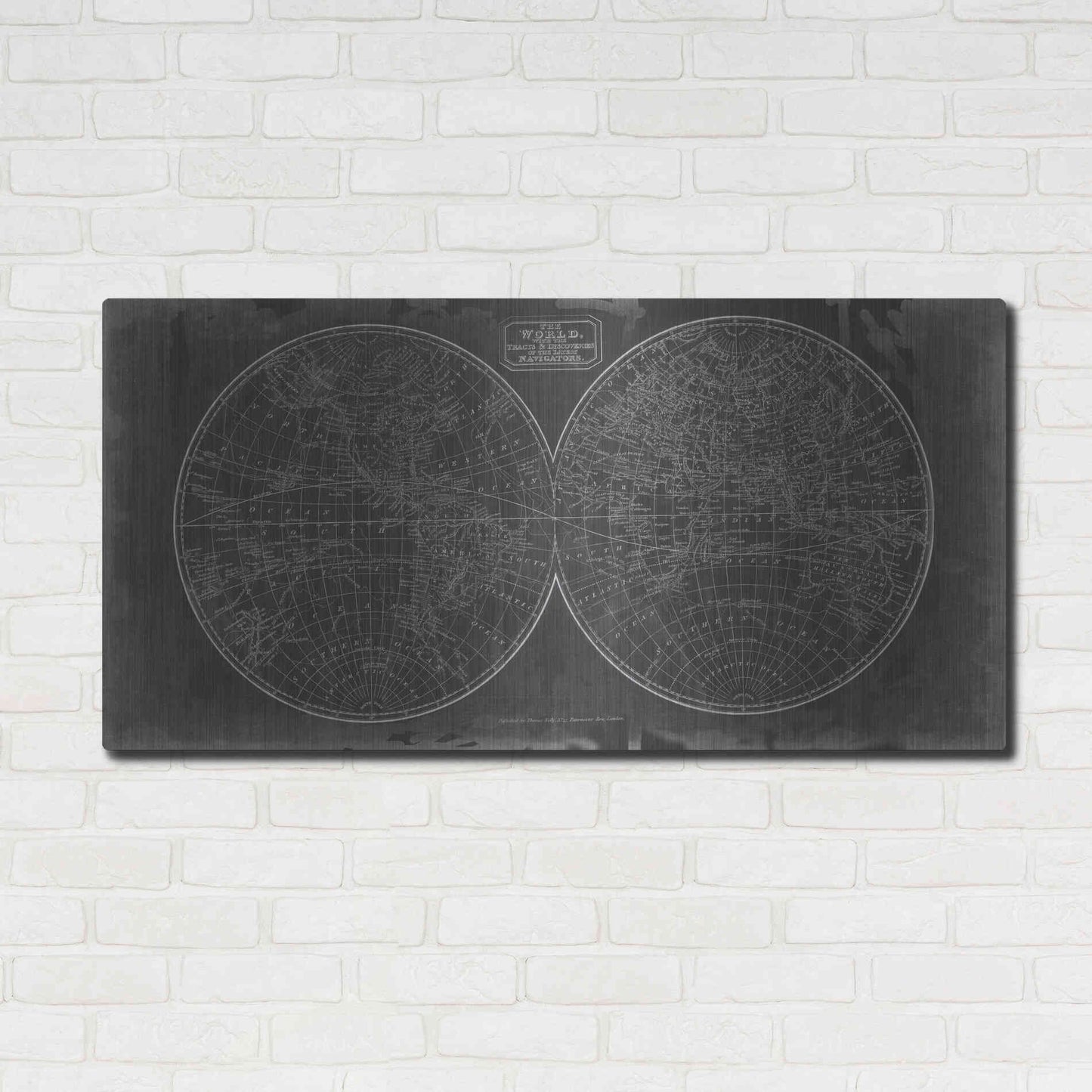 Luxe Metal Art 'Blueprint of the World in Hemispheres' by Vision Studio Metal Wall Art,48x24