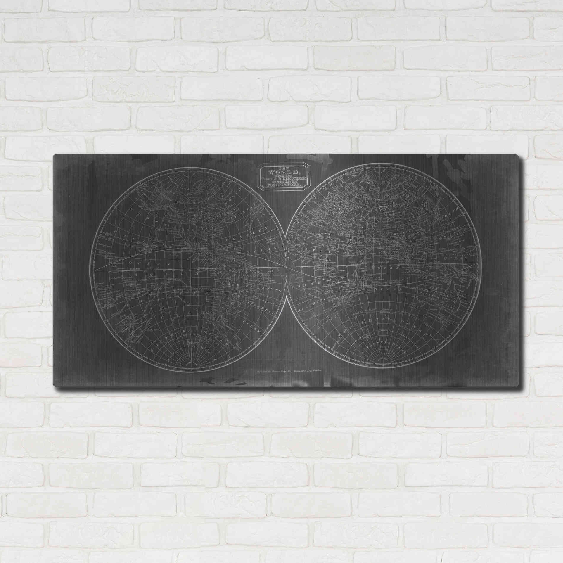 Luxe Metal Art 'Blueprint of the World in Hemispheres' by Vision Studio Metal Wall Art,48x24